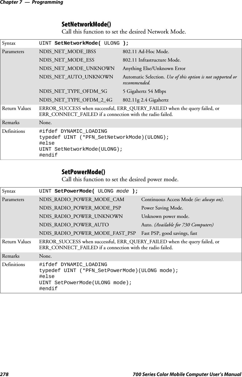 ProgrammingChapter —7278 700 Series Color Mobile Computer User’s ManualSetNetworkMode()Call this function to set the desired Network Mode.Syntax UINT SetNetworkMode( ULONG );Parameters NDIS_NET_MODE_IBSS 802.11 Ad-Hoc Mode.NDIS_NET_MODE_ESS 802.11 Infrastructure Mode.NDIS_NET_MODE_UNKNOWN Anything Else/Unknown ErrorNDIS_NET_AUTO_UNKNOWN Automatic Selection. Use of this option is not supported orrecommended.NDIS_NET_TYPE_OFDM_5G 5Gigahertz54MbpsNDIS_NET_TYPE_OFDM_2_4G 802.11g 2.4 GigahertzReturn Values ERROR_SUCCESS when successful, ERR_QUERY_FAILED when the query failed, orERR_CONNECT_FAILED if a connection with the radio failed.Remarks None.Definitions #ifdef DYNAMIC_LOADINGtypedef UINT (*PFN_SetNetworkMode)(ULONG);#elseUINT SetNetworkMode(ULONG);#endifSetPowerMode()Call this function to set the desired power mode.Syntax UINT SetPowerMode( ULONG mode );Parameters NDIS_RADIO_POWER_MODE_CAM Continuous Access Mode (ie: always on).NDIS_RADIO_POWER_MODE_PSP Power Saving Mode.NDIS_RADIO_POWER_UNKNOWN Unknown power mode.NDIS_RADIO_POWER_AUTO Auto. (Available for 730 Computers)NDIS_RADIO_POWER_MODE_FAST_PSP Fast PSP, good savings, fastReturn Values ERROR_SUCCESS when successful, ERR_QUERY_FAILED when the query failed, orERR_CONNECT_FAILED if a connection with the radio failed.Remarks None.Definitions #ifdef DYNAMIC_LOADINGtypedef UINT (*PFN_SetPowerMode)(ULONG mode);#elseUINT SetPowerMode(ULONG mode);#endif