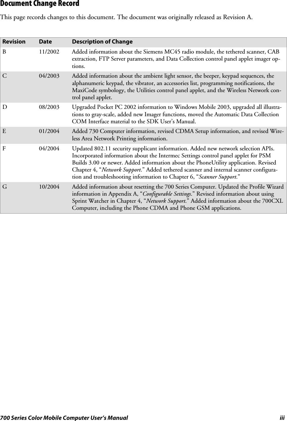 iii700 Series Color Mobile Computer User’s ManualDocument Change RecordThis page records changes to this document. The document was originally released as Revision A.Revision Date Description of ChangeB11/2002 Added information about the Siemens MC45 radio module, the tethered scanner, CABextraction, FTP Server parameters, and Data Collection control panel applet imager op-tions.C04/2003 Added information about the ambient light sensor, the beeper, keypad sequences, thealphanumeric keypad, the vibrator, an accessories list, programming notifications, theMaxiCode symbology, the Utilities control panel applet, and the Wireless Network con-trol panel applet.D08/2003 Upgraded Pocket PC 2002 information to Windows Mobile 2003, upgraded all illustra-tions to gray-scale, added new Imager functions, moved the Automatic Data CollectionCOM Interface material to the SDK User’s Manual.E01/2004 Added 730 Computer information, revised CDMA Setup information, and revised Wire-less Area Network Printing information.F04/2004 Updated 802.11 security supplicant information. Added new network selection APIs.Incorporated information about the Intermec Settings control panel applet for PSMBuilds 3.00 or newer. Added information about the PhoneUtility application. RevisedChapter 4, “Network Support.” Added tethered scanner and internal scanner configura-tion and troubleshooting information to Chapter 6, “Scanner Support.”G10/2004 Added information about resetting the 700 Series Computer. Updated the Profile Wizardinformation in Appendix A, “Configurable Settings.” Revised information about usingSprint Watcher in Chapter 4, “Network Support.” Added information about the 700CXLComputer, including the Phone CDMA and Phone GSM applications.