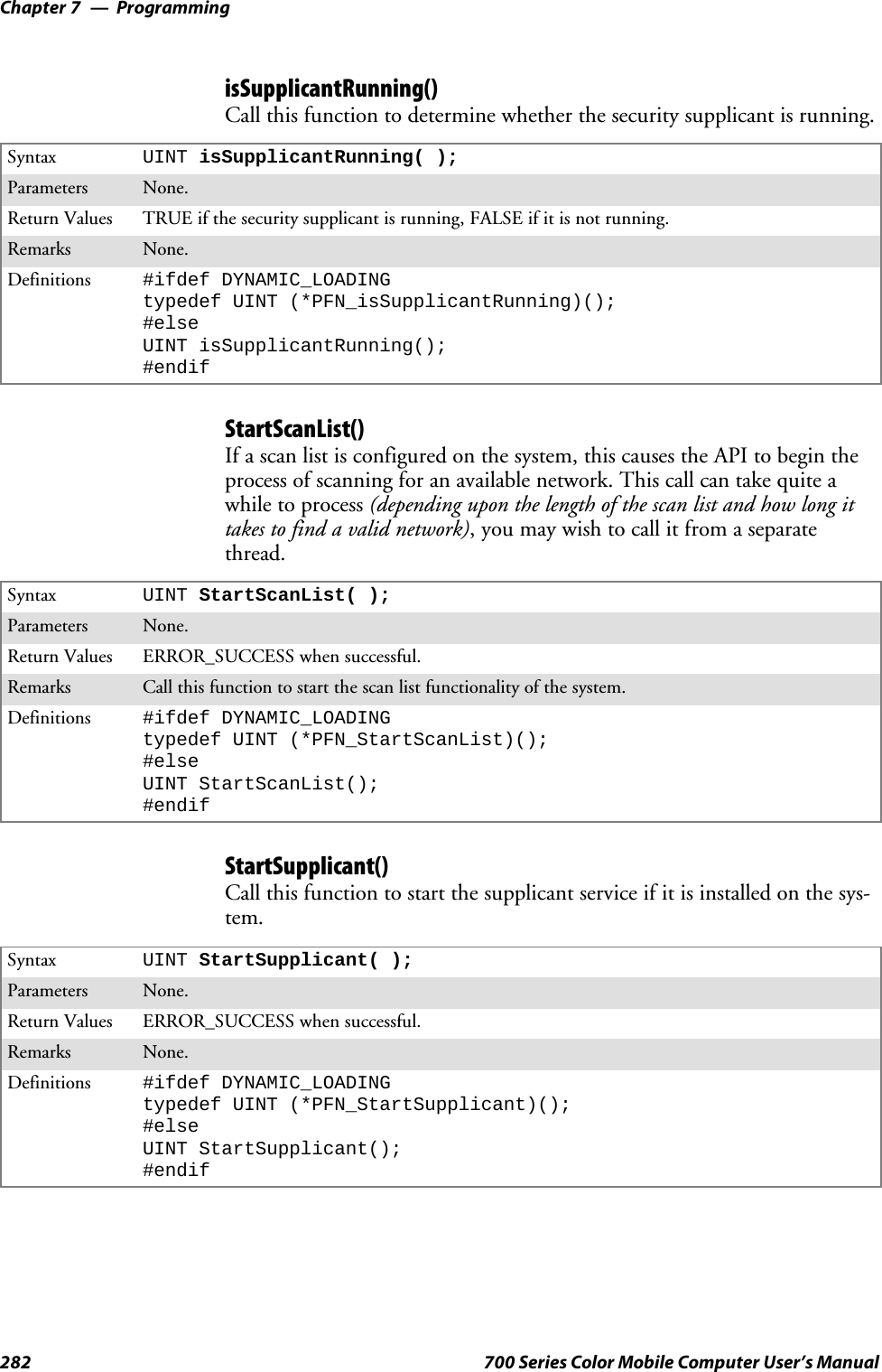 ProgrammingChapter —7282 700 Series Color Mobile Computer User’s ManualisSupplicantRunning()Call this function to determine whether the security supplicant is running.Syntax UINT isSupplicantRunning( );Parameters None.Return Values TRUE if the security supplicant is running, FALSE if it is not running.Remarks None.Definitions #ifdef DYNAMIC_LOADINGtypedef UINT (*PFN_isSupplicantRunning)();#elseUINT isSupplicantRunning();#endifStartScanList()If a scan list is configured on the system, this causes the API to begin theprocess of scanning for an available network. This call can take quite awhile to process (depending upon the length of the scan list and how long ittakestofindavalidnetwork), you may wish to call it from a separatethread.Syntax UINT StartScanList( );Parameters None.Return Values ERROR_SUCCESS when successful.Remarks Call this function to start the scan list functionality of the system.Definitions #ifdef DYNAMIC_LOADINGtypedef UINT (*PFN_StartScanList)();#elseUINT StartScanList();#endifStartSupplicant()Call this function to start the supplicant service if it is installed on the sys-tem.Syntax UINT StartSupplicant( );Parameters None.Return Values ERROR_SUCCESS when successful.Remarks None.Definitions #ifdef DYNAMIC_LOADINGtypedef UINT (*PFN_StartSupplicant)();#elseUINT StartSupplicant();#endif