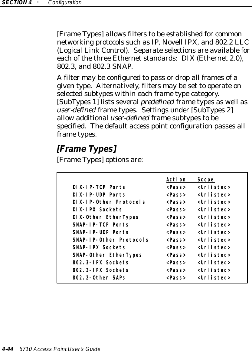 SECTION4&quot;Configuration4-44 6710 Access PointUser’sGuide[FrameTypes]allowsfilterstobe establishedfor commonnetworkingprotocols suchasIP,Novell IPX,and802.2LLC(LogicalLinkControl).Separateselectionsareavailableforeachofthethree Ethernetstandards: DIX(Ethernet2.0),802.3,and802.3SNAP.Afiltermaybeconfiguredtopass ordropall framesofagiventype.Alternatively,filtersmaybeset to operate onselectedsubtypeswithineachframetypecategory.[SubTypes1]lists severalpredefinedframetypesaswell asuser-definedframetypes.Settingsunder[SubTypes2]allowadditionaluser-definedframesubtypestobespecified.Thedefaultaccess pointconfigurationpassesallframetypes.[FrameTypes][FrameTypes]optionsare:Action ScopeDIX-IP-TCP Ports &lt;Pass&gt; &lt;Unlisted&gt;DIX-IP-UDP Ports &lt;Pass&gt; &lt;Unlisted&gt;DIX-IP-Other Protocols &lt;Pass&gt; &lt;Unlisted&gt;DIX-IPX Sockets &lt;Pass&gt; &lt;Unlisted&gt;DIX-Other EtherTypes &lt;Pass&gt; &lt;Unlisted&gt;SNAP-IP-TCP Ports &lt;Pass&gt; &lt;Unlisted&gt;SNAP-IP-UDP Ports &lt;Pass&gt; &lt;Unlisted&gt;SNAP-IP-Other Protocols &lt;Pass&gt; &lt;Unlisted&gt;SNAP-IPX Sockets &lt;Pass&gt; &lt;Unlisted&gt;SNAP-Other EtherTypes &lt;Pass&gt; &lt;Unlisted&gt;802.3-IPX Sockets &lt;Pass&gt; &lt;Unlisted&gt;802.2-IPX Sockets &lt;Pass&gt; &lt;Unlisted&gt;802.2-Other SAPs &lt;Pass&gt; &lt;Unlisted&gt;
