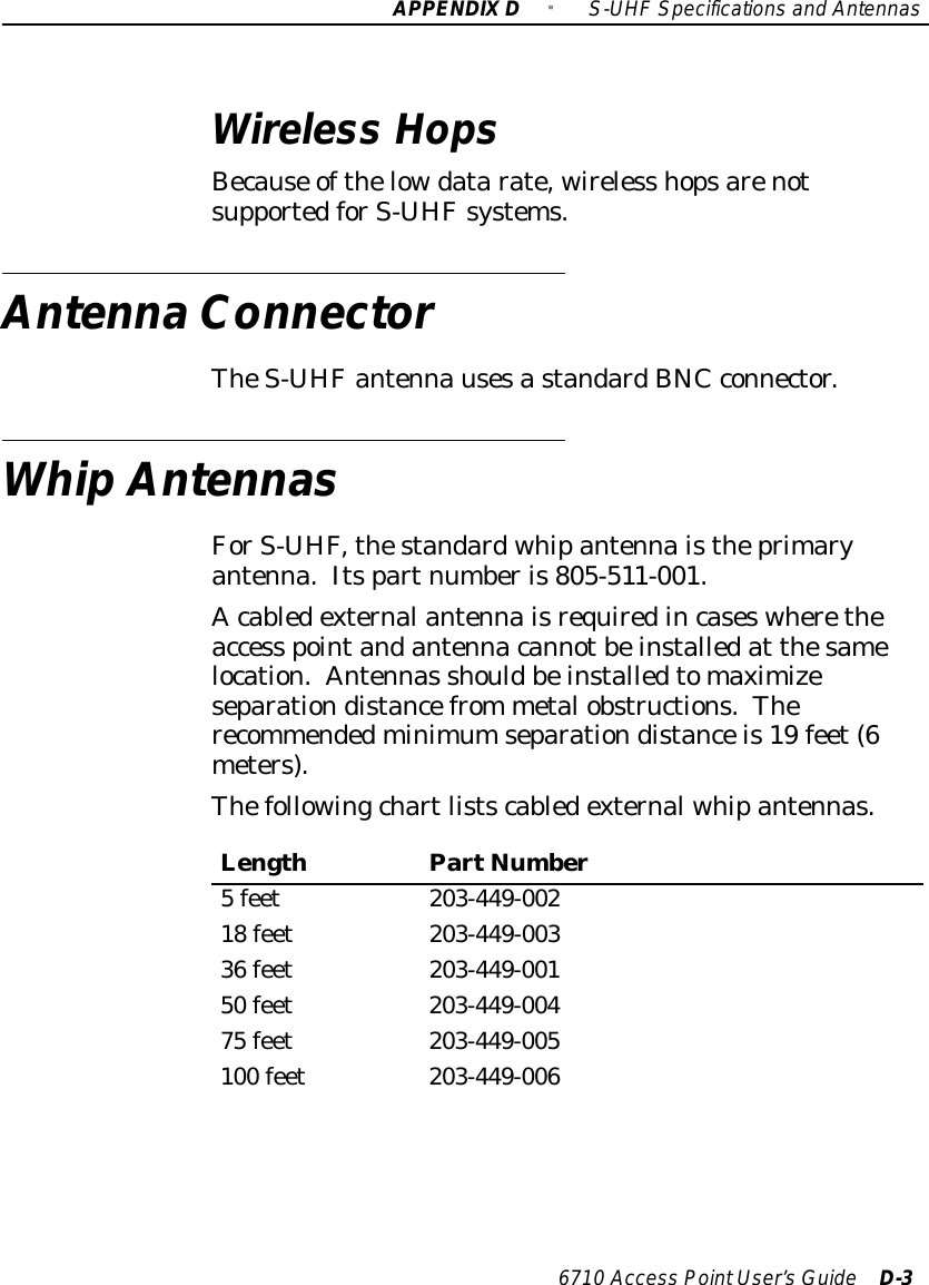 APPENDIXD&quot;S-UHFSpecificationsand Antennas6710 Access PointUser’sGuide D-3Wireless HopsBecause ofthelowdatarate, wireless hopsarenotsupportedforS-UHFsystems.AntennaConnectorTheS-UHFantennausesastandardBNCconnector.WhipAntennasForS-UHF,thestandardwhipantennaistheprimaryantenna.Itspartnumberis805-511-001.Acabledexternalantennaisrequiredincaseswheretheaccess pointandantennacannotbeinstalledat thesamelocation.Antennas shouldbeinstalledtomaximizeseparationdistancefrom metalobstructions.Therecommendedminimumseparationdistanceis19 feet(6meters).Thefollowingchartlistscabledexternalwhipantennas.LengthPartNumber5feet203-449-00218 feet203-449-00336 feet203-449-00150 feet203-449-00475 feet203-449-005100 feet203-449-006