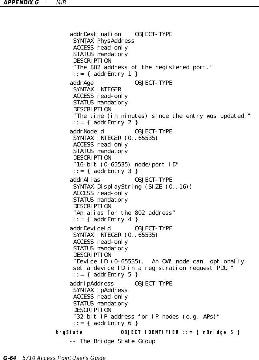 APPENDIXG&quot;MIBG-64 6710 Access PointUser’sGuideaddrDestination OBJECT-TYPESYNTAX PhysAddressACCESS read-onlySTATUS mandatoryDESCRIPTION”The 802 address of the registered port.”::= { addrEntry 1 }addrAge OBJECT-TYPESYNTAX INTEGERACCESS read-onlySTATUS mandatoryDESCRIPTION”The time (in minutes) since the entry was updated.”::= { addrEntry 2 }addrNodeId OBJECT-TYPESYNTAX INTEGER (0..65535)ACCESS read-onlySTATUS mandatoryDESCRIPTION”16-bit (0-65535) node/port ID”::= { addrEntry 3 }addrAlias OBJECT-TYPESYNTAX DisplayString (SIZE (0..16))ACCESS read-onlySTATUS mandatoryDESCRIPTION”An alias for the 802 address”::= { addrEntry 4 }addrDeviceId OBJECT-TYPESYNTAX INTEGER (0..65535)ACCESS read-onlySTATUS mandatoryDESCRIPTION”Device ID (0-65535). An OWL node can, optionally,set a device ID in a registration request PDU.”::= { addrEntry 5 }addrIpAddress OBJECT-TYPESYNTAX IpAddressACCESS read-onlySTATUS mandatoryDESCRIPTION”32-bit IP address for IP nodes (e.g. APs)”::= { addrEntry 6 }brgState OBJECT IDENTIFIER ::= { nBridge 6 }-- The Bridge State Group