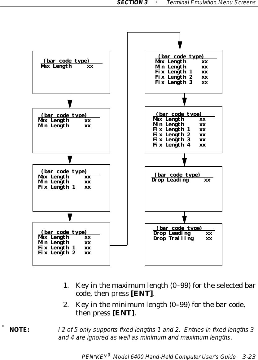 SECTION3&quot;TerminalEmulation Menu ScreensPEN*KEYRModel6400 Hand-HeldComputerUser’sGuide 3-23(bar code type)Max Length xx(bar code type)Max Length xxMin Length xx(bar code type)Max Length xxMin Length xxFix Length 1 xx(bar code type)Max Length xxMin Length xxFix Length 1 xxFix Length 2 xx(bar code type)Max Length xxMin Length xxFix Length 1 xxFix Length 2 xxFix Length 3 xxFix Length 4 xx(bar code type)Max Length xxMin Length xxFix Length 1 xxFix Length 2 xxFix Length 3 xx(bar code type)Drop Leading xxDrop Trailing xx(bar code type)Drop Leading xx1. Keyinthemaximumlength(0--99) fortheselectedbarcode,thenpress [ENT].2. Keyintheminimumlength(0--99) forthebar code,thenpress [ENT].&quot;NOTE:I2 of5 only supportsfixed lengths1 and 2.Entriesinfixed lengths3and 4 areignored aswell asminimumand maximumlengths.