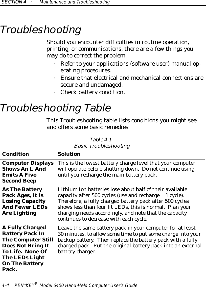 SECTION4&quot;Maintenance and Troubleshooting4-4PEN*KEYRModel6400 Hand-HeldComputerUser’sGuideTroubleshootingShouldyouencounterdifficultiesinroutine operation,printing,or communications,thereareafewthingsyoumaydotocorrect theproblem:&quot;Refertoyourapplications(softwareuser)manualop-eratingprocedures.&quot;Ensurethatelectricalandmechanicalconnectionsaresecureandundamaged.&quot;Checkbatterycondition.Troubleshooting TableThisTroubleshootingtablelistsconditionsyoumightseeandoffers somebasic remedies:Table4-1BasicTroubleshootingConditionSolutionComputerDisplaysShowsAnLAndEmitsAFiveSecondBeepThisisthelowestbatterychargelevelthatyour computerwill operatebeforeshuttingdown.Donotcontinueusinguntil yourechargethemainbatterypack.AsTheBatteryPackAges,ItIsLosingCapacityAndFewerLEDsAreLightingLithiumIonbatteriesloseabouthalfoftheiravailablecapacityafter500 cycles(useandrecharge=1cycle).Therefore,afullychargedbatterypackafter500 cyclesshowsless thanfourlitLEDs,thisisnormal.Planyourchargingneedsaccordingly,andnotethat thecapacitycontinuestodecreasewitheachcycle.AFullyChargedBatteryPackInTheComputerStillDoesNotBringItToLife.NoneOfTheLEDsLightOnTheBatteryPack.Leavethesamebatterypackinyour computerforatleast30 minutes,toallowsometimetoputsomechargeintoyourbackupbattery.Thenreplacethebatterypackwithafullycharged pack.Put the originalbatterypackintoanexternalbatterycharger.