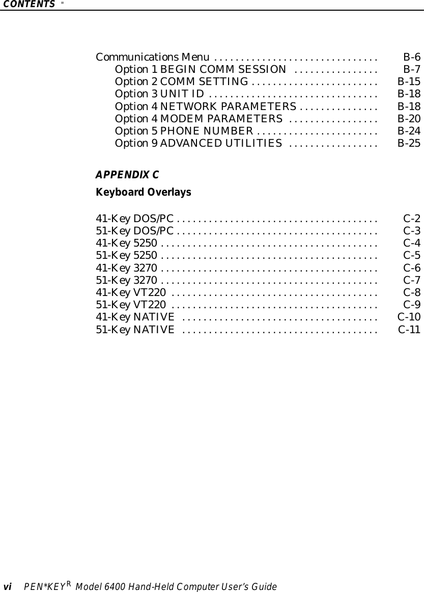 CONTENTS&quot;viPEN*KEYRModel6400 Hand-HeldComputerUser’sGuideCommunicationsMenu B-6...............................Option1BEGINCOMM SESSIONB-7................Option2COMM SETTINGB-15........................Option3UNITIDB-18................................Option4NETWORKPARAMETERSB-18...............Option4MODEMPARAMETERSB-20.................Option5PHONENUMBER B-24.......................Option9ADVANCEDUTILITIESB-25.................APPENDIXCKeyboardOverlays41-KeyDOS/PC C-2......................................51-KeyDOS/PC C-3......................................41-Key5250 C-4.........................................51-Key5250 C-5.........................................41-Key3270 C-6.........................................51-Key3270 C-7.........................................41-KeyVT220 C-8.......................................51-KeyVT220 C-9.......................................41-KeyNATIVE C-10.....................................51-KeyNATIVE C-11.....................................