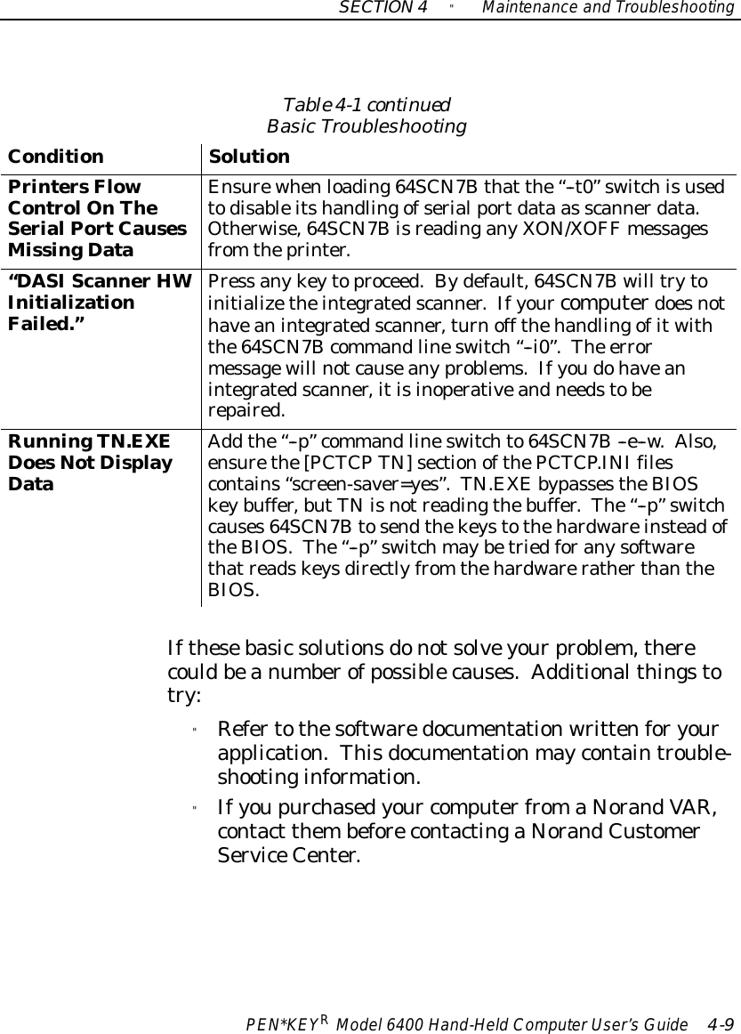 SECTION4&quot;Maintenance and TroubleshootingPEN*KEYRModel6400 Hand-HeldComputerUser’sGuide 4-9Table4-1continuedBasicTroubleshootingConditionSolutionPrintersFlowControlOnTheSerialPortCausesMissingDataEnsurewhenloading64SCN7Bthat the“--t0”switchisusedtodisableitshandlingofserialportdata as scannerdata.Otherwise,64SCN7BisreadinganyXON/XOFF messagesfromtheprinter.“DASIScannerHWInitializationFailed.”Press anykeytoproceed.Bydefault,64SCN7Bwill trytoinitializetheintegratedscanner.Ifyourcomputerdoesnothaveanintegratedscanner,turnoff thehandlingofitwiththe64SCN7Bcommandlineswitch“--i0”.The errormessagewill notcauseanyproblems.Ifyoudohaveanintegratedscanner,itisinoperativeandneedstoberepaired.RunningTN.EXEDoesNotDisplayDataAdd the“--p”commandlineswitchto64SCN7B--e--w.Also,ensurethe[PCTCP TN]sectionofthePCTCP.INIfilescontains“screen-saver=yes”.TN.EXEbypassestheBIOSkeybuffer,butTNisnotreadingthebuffer.The“--p”switchcauses64SCN7BtosendthekeystothehardwareinsteadoftheBIOS.The“--p”switchmaybetriedforanysoftwarethatreadskeysdirectlyfromthehardwareratherthantheBIOS.Ifthesebasicsolutionsdonotsolveyourproblem,therecouldbeanumberofpossiblecauses.Additionalthingstotry:&quot;Refertothesoftwaredocumentationwrittenforyourapplication.Thisdocumentationmaycontaintrouble-shootinginformation.&quot;Ifyoupurchasedyour computerfromaNorandVAR,contact thembeforecontactingaNorandCustomerServiceCenter.