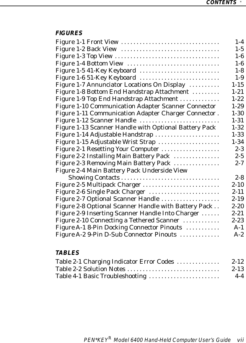 CONTENTS&quot;PEN*KEYRModel6400 Hand-HeldComputerUser’sGuide viiFIGURESFigure1-1FrontView1-4................................Figure1-2BackView1-5................................Figure1-3TopView1-6..................................Figure1-4BottomView1-6..............................Figure1-5 41-KeyKeyboard1-8..........................Figure1-6 51-KeyKeyboard1-9..........................Figure1-7AnnunciatorLocationsOnDisplay1-15..........Figure1-8BottomEndHandstrapAttachment1-21.........Figure1-9TopEndHandstrapAttachment1-22.............Figure1-10 CommunicationAdapterScannerConnector1-29Figure1-11 CommunicationAdapterChargerConnector1-30.Figure1-12 ScannerHandle1-31..........................Figure1-13 ScannerHandlewithOptionalBatteryPack1-32Figure1-14 AdjustableHandstrap1-33.....................Figure1-15 AdjustableWristStrap1-34....................Figure2-1ResettingYourComputer2-3...................Figure2-2InstallingMainBatteryPack2-5...............Figure2-3RemovingMainBatteryPack2-7...............Figure2-4MainBatteryPackUndersideViewShowingContacts2-8................................Figure2-5MultipackCharger2-10.........................Figure2-6SinglePackCharger2-11.......................Figure2-7OptionalScannerHandle2-19...................Figure2-8OptionalScannerHandlewithBatteryPack2-20. .Figure2-9InsertingScannerHandleIntoCharger2-21......Figure2-10 ConnectingaTetheredScanner2-23............FigureA-1 8-PinDockingConnectorPinoutsA-1...........FigureA-2 9-PinD-SubConnectorPinoutsA-2.............TABLESTable2-1ChargingIndicatorErrorCodes2-12..............Table2-2SolutionNotes2-13..............................Table4-1BasicTroubleshooting4-4.......................