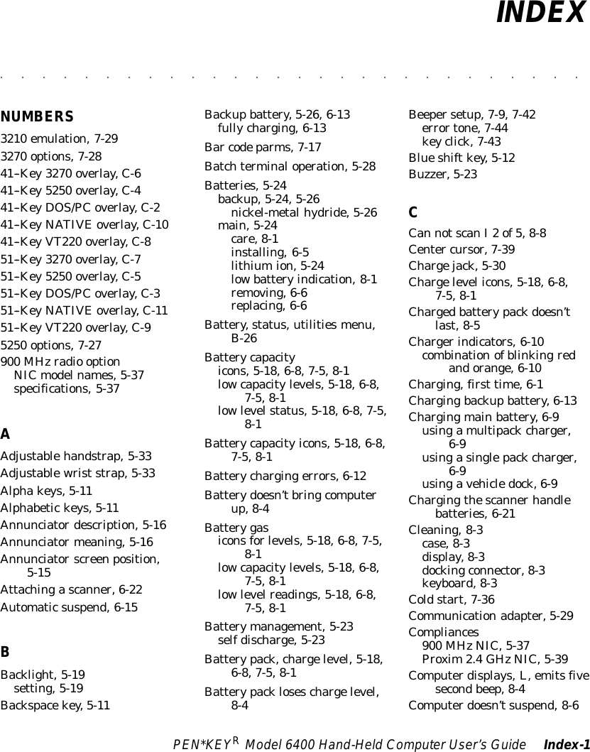 PEN*KEYRModel6400 Hand-HeldComputerUser’sGuide Index-1INDEX&quot;&quot;&quot;&quot;&quot;&quot;&quot;&quot;&quot;&quot;&quot;&quot;&quot;&quot;&quot;&quot;&quot;&quot;&quot;&quot;&quot;&quot;&quot;&quot;&quot;&quot;&quot;&quot;NUMBERS3210 emulation,7-293270 options,7-2841--Key3270 overlay,C-641--Key5250 overlay,C-441--KeyDOS/PCoverlay,C-241--KeyNATIVE overlay,C-1041--KeyVT220 overlay,C-851--Key3270 overlay,C-751--Key5250 overlay,C-551--KeyDOS/PCoverlay,C-351--KeyNATIVE overlay,C-1151--KeyVT220 overlay,C-95250 options,7-27900 MHzradio optionNICmodelnames,5-37specifications,5-37AAdjustablehandstrap,5-33Adjustablewriststrap,5-33Alphakeys,5-11Alphabetickeys,5-11Annunciatordescription,5-16Annunciatormeaning,5-16Annunciatorscreenposition,5-15Attachingascanner,6-22Automaticsuspend,6-15BBacklight,5-19setting,5-19Backspacekey,5-11Backupbattery,5-26,6-13fullycharging,6-13Bar codeparms,7-17Batchterminaloperation,5-28Batteries,5-24backup,5-24,5-26nickel-metalhydride,5-26main,5-24care,8-1installing,6-5lithiumion,5-24lowbatteryindication,8-1removing,6-6replacing,6-6Battery,status,utilitiesmenu,B-26Batterycapacityicons,5-18,6-8,7-5,8-1lowcapacitylevels,5-18,6-8,7-5,8-1lowlevelstatus,5-18,6-8,7-5,8-1Batterycapacityicons,5-18,6-8,7-5,8-1Batterychargingerrors,6-12Batterydoesn’tbringcomputerup,8-4Battery gasiconsforlevels,5-18,6-8,7-5,8-1lowcapacitylevels,5-18,6-8,7-5,8-1lowlevelreadings,5-18,6-8,7-5,8-1Batterymanagement,5-23selfdischarge,5-23Batterypack,chargelevel,5-18,6-8,7-5,8-1Batterypackloseschargelevel,8-4Beepersetup,7-9,7-42errortone,7-44keyclick,7-43Blueshiftkey,5-12Buzzer,5-23CCan notscanI2of5,8-8Center cursor,7-39Chargejack,5-30Chargelevel icons,5-18,6-8,7-5,8-1Chargedbatterypackdoesn’tlast,8-5Chargerindicators,6-10combinationofblinkingredandorange,6-10Charging,first time,6-1Chargingbackupbattery,6-13Chargingmainbattery,6-9usingamultipackcharger,6-9usingasinglepackcharger,6-9usingavehicledock,6-9Chargingthescannerhandlebatteries,6-21Cleaning,8-3case,8-3display,8-3dockingconnector,8-3keyboard,8-3Coldstart,7-36Communicationadapter,5-29Compliances900 MHzNIC,5-37Proxim2.4GHzNIC,5-39Computerdisplays,L,emitsfivesecondbeep,8-4Computerdoesn’tsuspend,8-6