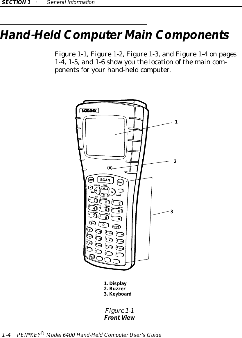 SECTION1&quot;GeneralInformation1-4PEN*KEYRModel6400 Hand-HeldComputerUser’sGuideHand-HeldComputerMainComponentsFigure1-1,Figure1-2,Figure1-3,andFigure1-4onpages1-4,1-5,and1-6showyouthelocationofthemaincom-ponentsforyourhand-heldcomputer.1.Display2.Buzzer3.KeyboardFigure 1-1FrontView123