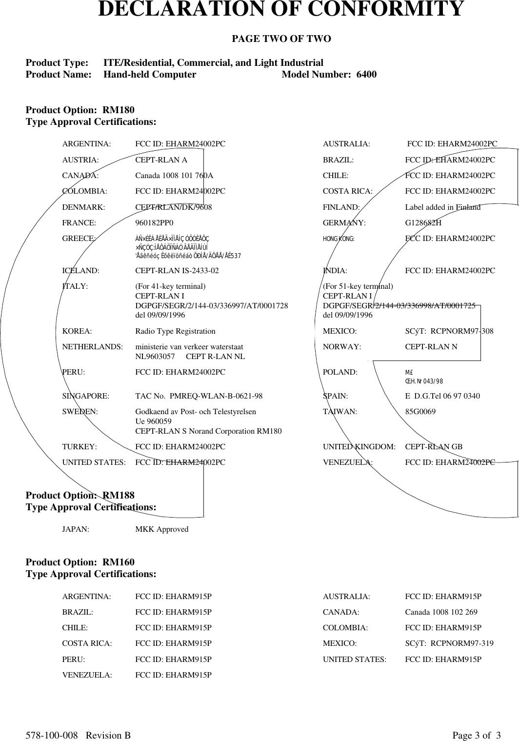 578-100-008   Revision B Page 3 of  3DECLARATION OF CONFORMITYPAGE TWO OF TWOProduct Type: ITE/Residential, Commercial, and Light IndustrialProduct Name:   Hand-held Computer Model Number:  6400  Product Option:  RM180Type Approval Certifications:ARGENTINA: FCC ID: EHARM24002PC AUSTRALIA:  FCC ID: EHARM24002PCAUSTRIA: CEPT-RLAN A BRAZIL: FCC ID: EHARM24002PCCANADA: Canada 1008 101 760A CHILE: FCC ID: EHARM24002PCCOLOMBIA: FCC ID: EHARM24002PC COSTA RICA: FCC ID: EHARM24002PCDENMARK: CEPT/RLAN/DK/9608 FINLAND: Label added in FinlandFRANCE: 960182PP0 GERMANY: G128682HGREECE: ÁÑ×ÉÊÁ ÅËÅÃ×ÏÌÅÍÇ ÓÕÓÊÅÕÇ HONG KONG: FCC ID: EHARM24002PC×ÑÇÓÇ:ÌÅÔÁÖÏÑÁÓ ÄÅÄÏÌÅÍÙÍ&apos;Åãêñéóç Êõêëïöñéáò ÕÐÌÅ/ÄÔÅÅ/ÅÊ537ICELAND: CEPT-RLAN IS-2433-02 INDIA: FCC ID: EHARM24002PCITALY: (For 41-key terminal) (For 51-key terminal)CEPT-RLAN I CEPT-RLAN IDGPGF/SEGR/2/144-03/336997/AT/0001728 DGPGF/SEGR/2/144-03/336998/AT/0001725del 09/09/1996 del 09/09/1996KOREA: Radio Type Registration MEXICO: SCýT:  RCPNORM97-308NETHERLANDS: ministerie van verkeer waterstaat NORWAY: CEPT-RLAN NNL9603057 CEPT R-LAN NLPERU: FCC ID: EHARM24002PC POLAND: M£Œ.H. Nr 043/98SINGAPORE: TAC No.  PMREQ-WLAN-B-0621-98 SPAIN: E  D.G.Tel 06 97 0340SWEDEN: Godkaend av Post- och Telestyrelsen TAIWAN: 85G0069Ue 960059CEPT-RLAN S Norand Corporation RM180TURKEY: FCC ID: EHARM24002PC UNITED KINGDOM: CEPT-RLAN GBUNITED STATES: FCC ID: EHARM24002PC VENEZUELA: FCC ID: EHARM24002PCProduct Option:  RM188Type Approval Certifications:JAPAN: MKK ApprovedProduct Option:  RM160Type Approval Certifications:ARGENTINA: FCC ID: EHARM915P AUSTRALIA: FCC ID: EHARM915PBRAZIL: FCC ID: EHARM915P CANADA: Canada 1008 102 269CHILE: FCC ID: EHARM915P COLOMBIA: FCC ID: EHARM915PCOSTA RICA: FCC ID: EHARM915P MEXICO: SCýT:  RCPNORM97-319PERU: FCC ID: EHARM915P UNITED STATES: FCC ID: EHARM915PVENEZUELA: FCC ID: EHARM915P