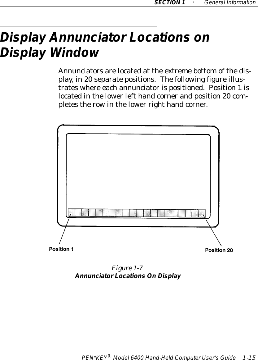 SECTION1&quot;GeneralInformationPEN*KEYRModel6400 Hand-HeldComputerUser’sGuide 1-15Display AnnunciatorLocationsonDisplay WindowAnnunciatorsarelocatedat the extremebottomofthedis-play,in20 separatepositions.Thefollowingfigureillus-trateswhere eachannunciatorispositioned.Position1islocatedinthelowerlefthandcornerand position20 com-pletestherowinthelower righthandcorner.Figure 1-7AnnunciatorLocationsOnDisplay