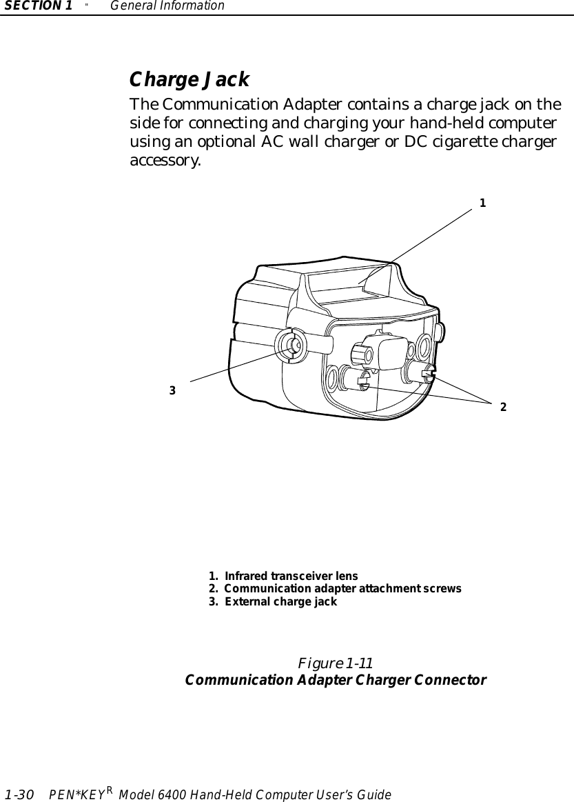 SECTION1&quot;GeneralInformation1-30 PEN*KEYRModel6400 Hand-HeldComputerUser’sGuideCharge JackTheCommunicationAdapter containsachargejackonthesidefor connectingandcharging yourhand-heldcomputerusinganoptionalAC wall chargerorDCcigarettechargeraccessory.Figure 1-11Communication AdapterChargerConnector1231. Infraredtransceiverlens2.Communication adapterattachmentscrews3.Externalchargejack