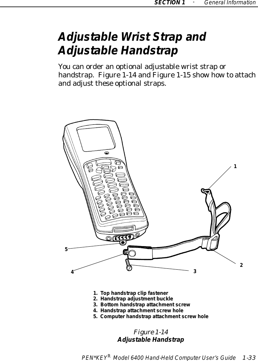 SECTION1&quot;GeneralInformationPEN*KEYRModel6400 Hand-HeldComputerUser’sGuide 1-33AdjustableWristStrapandAdjustableHandstrapYoucanorderanoptionaladjustablewriststraporhandstrap.Figure1-14 andFigure1-15 showhowtoattachandadjust these optionalstraps.Figure 1-14AdjustableHandstrap123451.Top handstrapclipfastener2.Handstrapadjustmentbuckle3.Bottomhandstrapattachmentscrew4.Handstrapattachmentscrewhole5.Computerhandstrapattachmentscrewhole