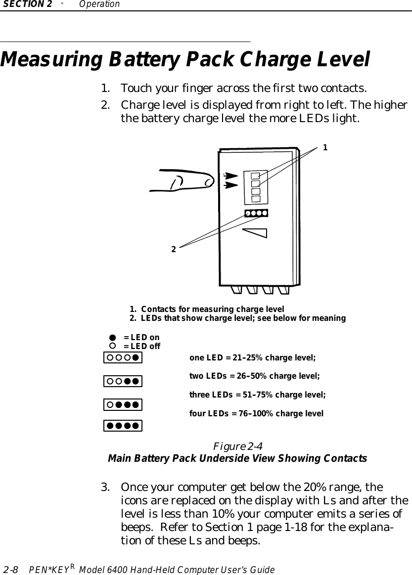SECTION2&quot;Operation2-8PEN*KEYRModel6400 Hand-HeldComputerUser’sGuideMeasuring BatteryPack ChargeLevel1.Touchyourfingeracross thefirst twocontacts.2.Chargelevel isdisplayedfromright toleft.ThehigherthebatterychargelevelthemoreLEDslight.12oneLED=21--25%chargelevel;two LEDs=26--50%chargelevel;three LEDs=51--75%chargelevel;fourLEDs=76--100%chargelevelFigure 2-4MainBatteryPack UndersideViewShowing Contacts=LEDon=LEDoff1.Contactsformeasuring chargelevel2.LEDsthatshowchargelevel;see belowformeaning3. Onceyour computergetbelowthe20%range,theiconsarereplacedonthedisplaywithLsandafterthelevel isless than10%your computeremitsaseriesofbeeps.RefertoSection1page1-18 forthe explana-tionoftheseLsandbeeps.