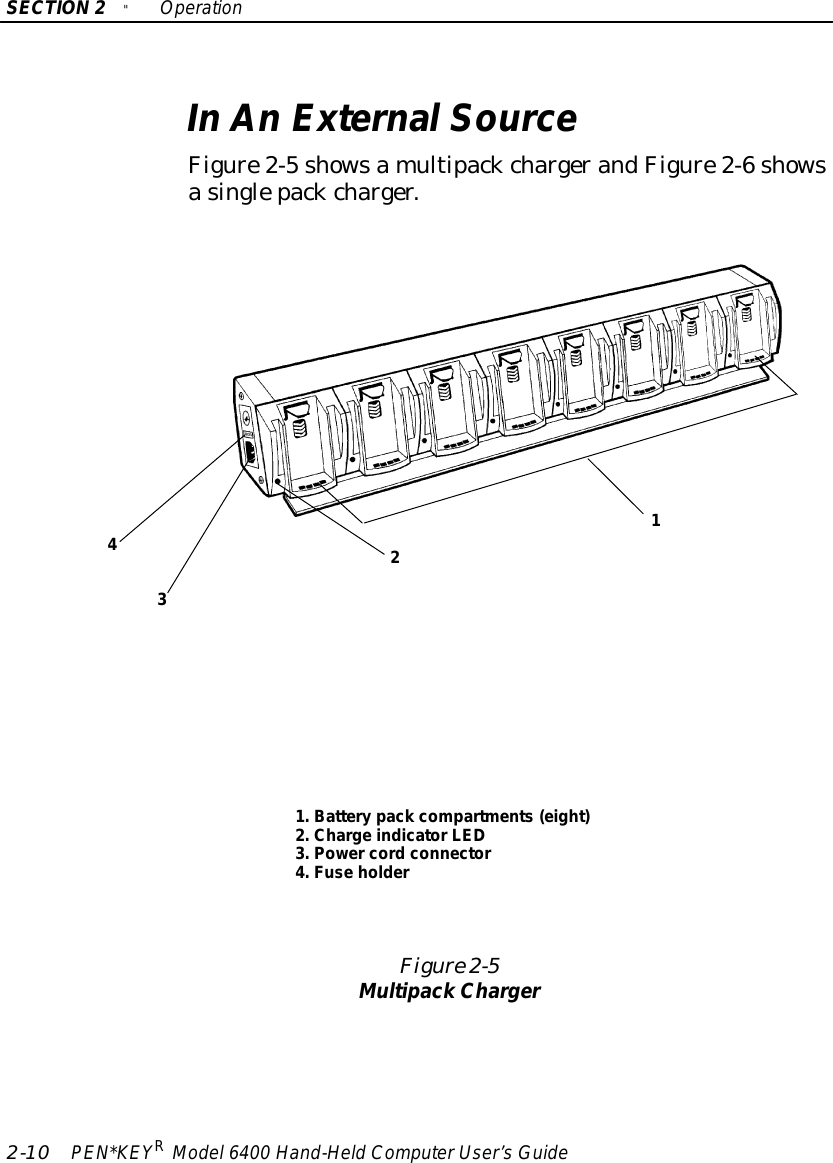 SECTION2&quot;Operation2-10 PEN*KEYRModel6400 Hand-HeldComputerUser’sGuideInAnExternalSourceFigure2-5showsamultipackchargerandFigure2-6showsasinglepackcharger.Figure 2-5Multipack Charger1231.Batterypack compartments(eight)2.ChargeindicatorLED3.Powercordconnector4.Fuse holder4