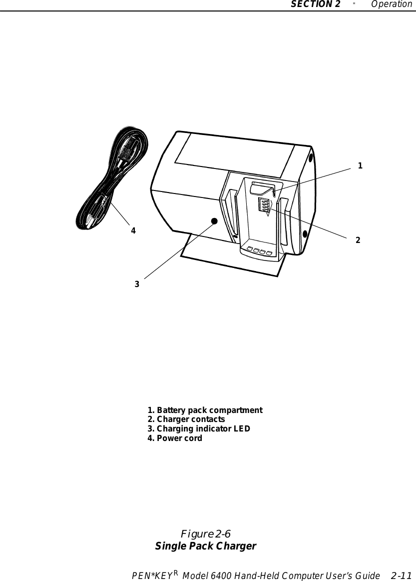 SECTION2&quot;OperationPEN*KEYRModel6400 Hand-HeldComputerUser’sGuide 2-11Figure 2-6SinglePack Charger141.Batterypack compartment2.Chargercontacts3.Charging indicatorLED4.Powercord23