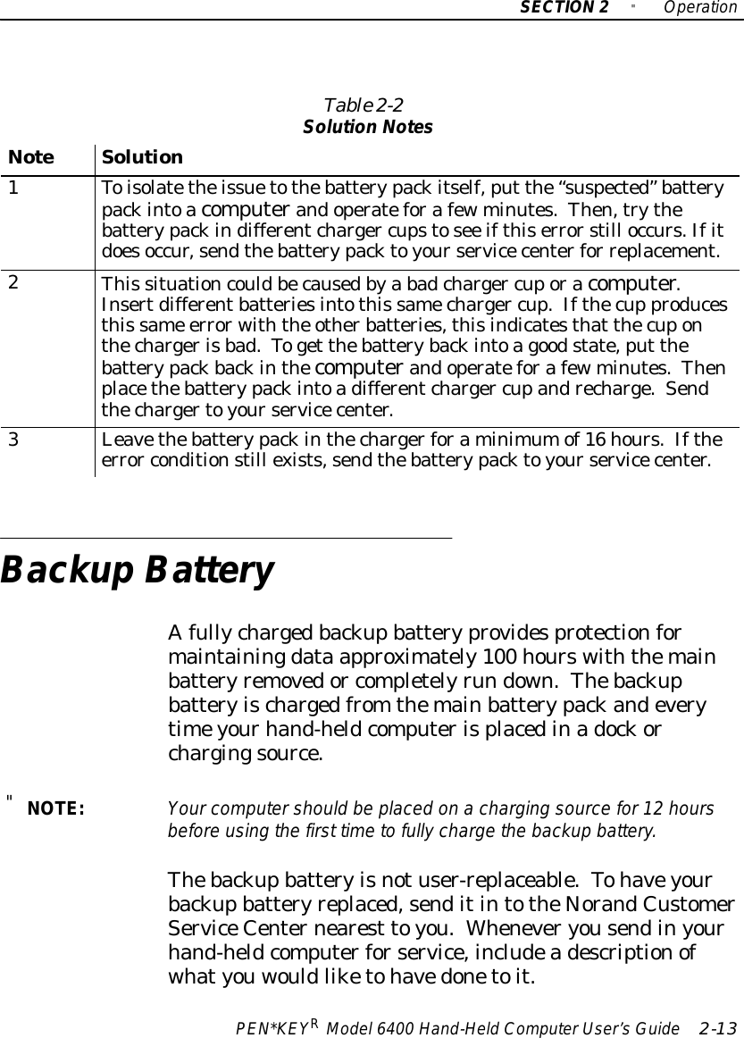 SECTION2&quot;OperationPEN*KEYRModel6400 Hand-HeldComputerUser’sGuide 2-13Table2-2Solution NotesNoteSolution1Toisolatetheissuetothebatterypackitself,put the“suspected”batterypackintoacomputerandoperateforafewminutes.Then,trythebatterypackindifferentcharger cupstosee ifthiserrorstill occurs.Ifitdoesoccur,sendthebatterypacktoyourservicecenterfor replacement.2This situationcouldbecausedbya badcharger cuporacomputer.Insertdifferentbatteriesintothis samecharger cup.Ifthecup producesthis same errorwiththe otherbatteries,thisindicatesthat thecuponthechargerisbad.Toget thebatterybackintoagoodstate,put thebatterypackbackinthecomputerandoperateforafewminutes.Thenplacethebatterypackintoadifferentcharger cupandrecharge.Sendthechargertoyourservicecenter.3Leavethebatterypackinthechargerforaminimumof16 hours.Iftheerror conditionstill exists,sendthebatterypacktoyourservicecenter.Backup BatteryAfullychargedbackupbatteryprovidesprotectionformaintainingdata approximately100 hourswiththemainbatteryremovedor completelyrun down.Thebackupbatteryischargedfrom themainbatterypackandeverytimeyourhand-heldcomputerisplacedinadockorchargingsource.&quot;NOTE:Yourcomputershould be placedonacharging sourcefor12 hoursbefore using the first timetofully charge the backup battery.Thebackupbatteryisnotuser-replaceable.Tohaveyourbackupbatteryreplaced,senditintotheNorandCustomerServiceCenternearest toyou.Wheneveryousendinyourhand-heldcomputerforservice,includeadescriptionofwhatyouwouldliketohavedonetoit.