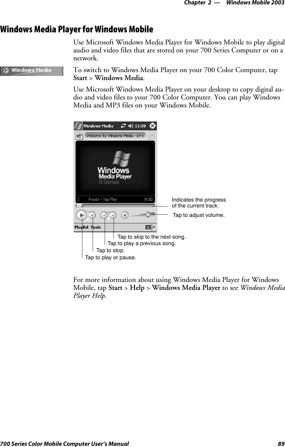 Windows Mobile 2003—Chapter 289700 Series Color Mobile Computer User’s ManualWindows Media Player for Windows MobileUse Microsoft Windows Media Player for Windows Mobile to play digitalaudio and video files that are stored on your 700 Series Computer or on anetwork.To switch to Windows Media Player on your 700 Color Computer, tapStart &gt;Windows Media.Use Microsoft Windows Media Player on your desktop to copy digital au-dio and video files to your 700 Color Computer. You can play WindowsMedia and MP3 files on your Windows Mobile.Indicates the progressof the current track.Tap to adjust volume.Tap to skip to the next song.Tap to play a previous song.Taptostop.Tap to play or pause.For more information about using Windows Media Player for WindowsMobile, tap Start &gt;Help &gt;Windows Media Player to see Windows MediaPlayer Help.