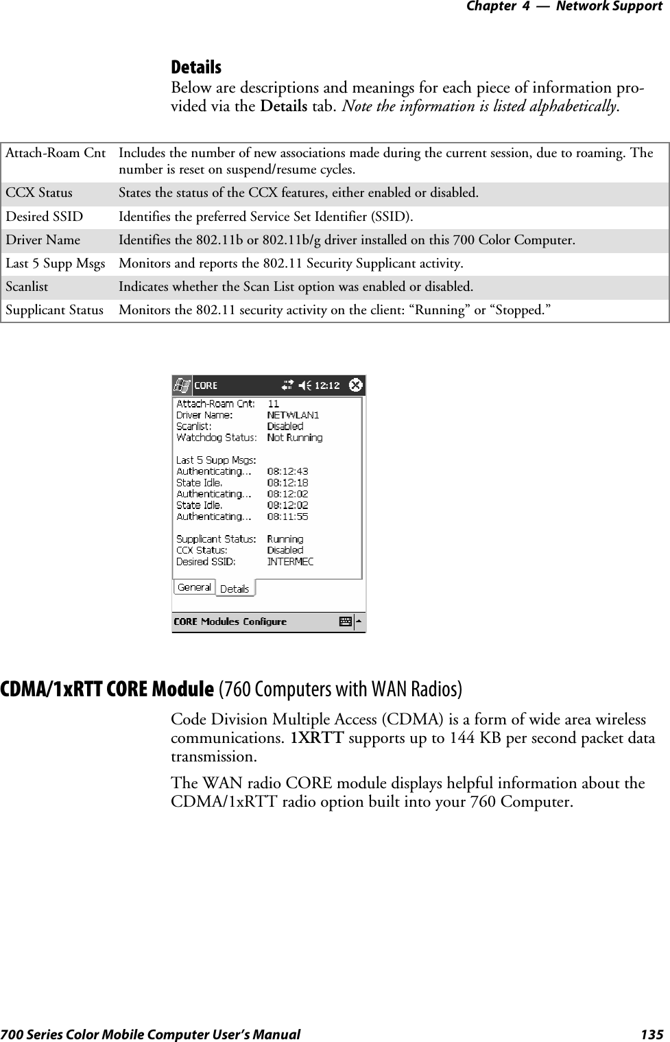 Network Support—Chapter 4135700 Series Color Mobile Computer User’s ManualDetailsBelow are descriptions and meanings for each piece of information pro-vided via the Details tab. Note the information is listed alphabetically.Attach-Roam Cnt Includes the number of new associations made during the current session, due to roaming. Thenumber is reset on suspend/resume cycles.CCX Status States the status of the CCX features, either enabled or disabled.Desired SSID Identifies the preferred Service Set Identifier (SSID).Driver Name Identifies the 802.11b or 802.11b/g driver installed on this 700 Color Computer.Last 5 Supp Msgs Monitors and reports the 802.11 Security Supplicant activity.Scanlist Indicates whether the Scan List option was enabled or disabled.Supplicant Status Monitors the 802.11 security activity on the client: “Running” or “Stopped.”CDMA/1xRTT CORE Module (760 Computers with WAN Radios)Code Division Multiple Access (CDMA) is a form of wide area wirelesscommunications. 1XRTT supports up to 144 KB per second packet datatransmission.The WAN radio CORE module displays helpful information about theCDMA/1xRTT radio option built into your 760 Computer.