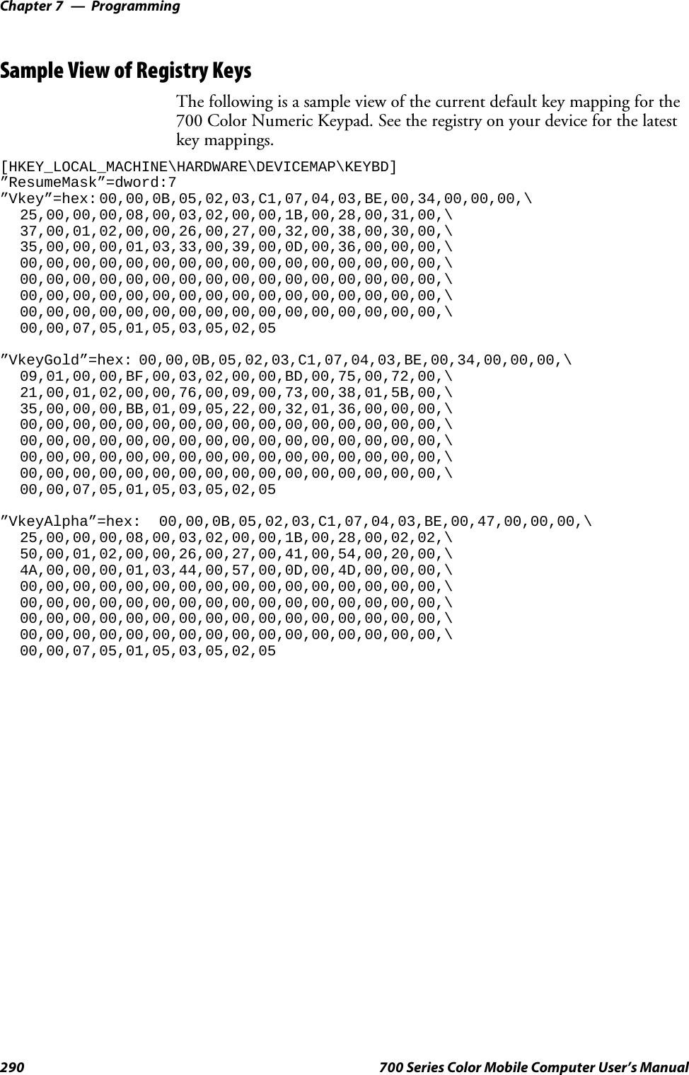 ProgrammingChapter —7290 700 Series Color Mobile Computer User’s ManualSample View of Registry KeysThe following is a sample view of the current default key mapping for the700 Color Numeric Keypad. See the registry on your device for the latestkey mappings.[HKEY_LOCAL_MACHINE\HARDWARE\DEVICEMAP\KEYBD]”ResumeMask”=dword:7”Vkey”=hex: 00,00,0B,05,02,03,C1,07,04,03,BE,00,34,00,00,00,\25,00,00,00,08,00,03,02,00,00,1B,00,28,00,31,00,\37,00,01,02,00,00,26,00,27,00,32,00,38,00,30,00,\35,00,00,00,01,03,33,00,39,00,0D,00,36,00,00,00,\00,00,00,00,00,00,00,00,00,00,00,00,00,00,00,00,\00,00,00,00,00,00,00,00,00,00,00,00,00,00,00,00,\00,00,00,00,00,00,00,00,00,00,00,00,00,00,00,00,\00,00,00,00,00,00,00,00,00,00,00,00,00,00,00,00,\00,00,07,05,01,05,03,05,02,05”VkeyGold”=hex: 00,00,0B,05,02,03,C1,07,04,03,BE,00,34,00,00,00,\09,01,00,00,BF,00,03,02,00,00,BD,00,75,00,72,00,\21,00,01,02,00,00,76,00,09,00,73,00,38,01,5B,00,\35,00,00,00,BB,01,09,05,22,00,32,01,36,00,00,00,\00,00,00,00,00,00,00,00,00,00,00,00,00,00,00,00,\00,00,00,00,00,00,00,00,00,00,00,00,00,00,00,00,\00,00,00,00,00,00,00,00,00,00,00,00,00,00,00,00,\00,00,00,00,00,00,00,00,00,00,00,00,00,00,00,00,\00,00,07,05,01,05,03,05,02,05”VkeyAlpha”=hex: 00,00,0B,05,02,03,C1,07,04,03,BE,00,47,00,00,00,\25,00,00,00,08,00,03,02,00,00,1B,00,28,00,02,02,\50,00,01,02,00,00,26,00,27,00,41,00,54,00,20,00,\4A,00,00,00,01,03,44,00,57,00,0D,00,4D,00,00,00,\00,00,00,00,00,00,00,00,00,00,00,00,00,00,00,00,\00,00,00,00,00,00,00,00,00,00,00,00,00,00,00,00,\00,00,00,00,00,00,00,00,00,00,00,00,00,00,00,00,\00,00,00,00,00,00,00,00,00,00,00,00,00,00,00,00,\00,00,07,05,01,05,03,05,02,05