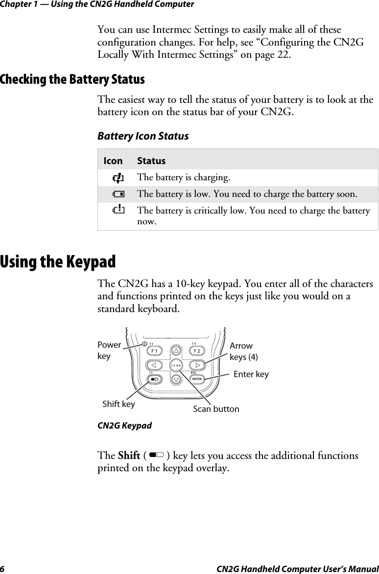 Chapter 1 — Using the CN2G Handheld Computer 6  CN2G Handheld Computer User’s Manual You can use Intermec Settings to easily make all of these configuration changes. For help, see “Configuring the CN2G Locally With Intermec Settings” on page 22. Checking the Battery Status  The easiest way to tell the status of your battery is to look at the battery icon on the status bar of your CN2G.  Battery Icon Status Icon  Status  The battery is charging.  The battery is low. You need to charge the battery soon.  The battery is critically low. You need to charge the battery now.   Using the Keypad The CN2G has a 10-key keypad. You enter all of the characters and functions printed on the keys just like you would on a standard keyboard.   Shift keyEnter keyArrow keys (4)Power keyScan buttonENTERESC CN2G Keypad The Shift ( B ) key lets you access the additional functions printed on the keypad overlay. 