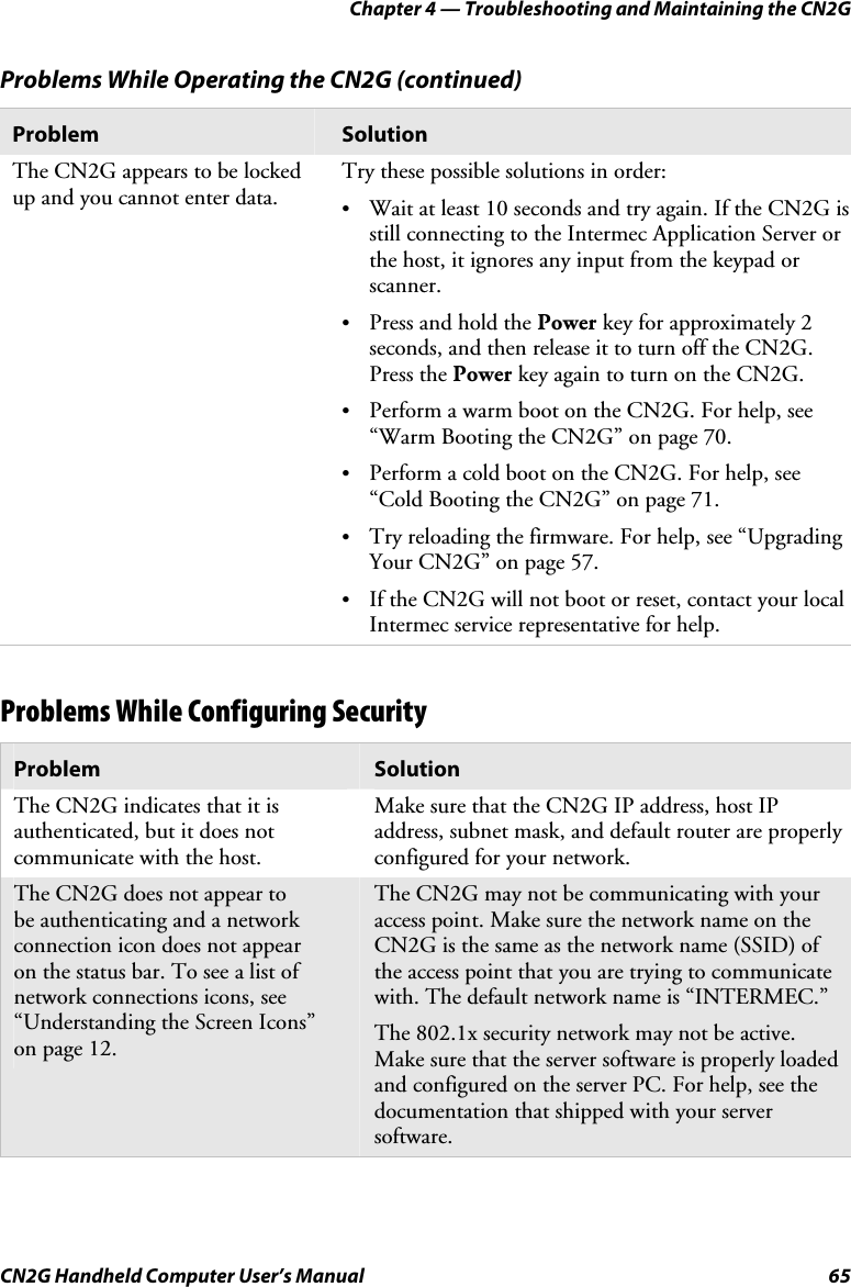 Chapter 4 — Troubleshooting and Maintaining the CN2G CN2G Handheld Computer User’s Manual  65 Problems While Operating the CN2G (continued) Problem  Solution The CN2G appears to be locked up and you cannot enter data. Try these possible solutions in order: •  Wait at least 10 seconds and try again. If the CN2G is still connecting to the Intermec Application Server or the host, it ignores any input from the keypad or scanner. •  Press and hold the Power key for approximately 2 seconds, and then release it to turn off the CN2G. Press the Power key again to turn on the CN2G. •  Perform a warm boot on the CN2G. For help, see “Warm Booting the CN2G” on page 70. •  Perform a cold boot on the CN2G. For help, see “Cold Booting the CN2G” on page 71. •  Try reloading the firmware. For help, see “Upgrading Your CN2G” on page 57. •  If the CN2G will not boot or reset, contact your local Intermec service representative for help.   Problems While Configuring Security Problem   Solution The CN2G indicates that it is authenticated, but it does not  communicate with the host.  Make sure that the CN2G IP address, host IP address, subnet mask, and default router are properly configured for your network. The CN2G does not appear to  be authenticating and a network connection icon does not appear  on the status bar. To see a list of network connections icons, see “Understanding the Screen Icons”  on page 12. The CN2G may not be communicating with your access point. Make sure the network name on the CN2G is the same as the network name (SSID) of the access point that you are trying to communicate with. The default network name is “INTERMEC.”  The 802.1x security network may not be active. Make sure that the server software is properly loaded and configured on the server PC. For help, see the documentation that shipped with your server software. 