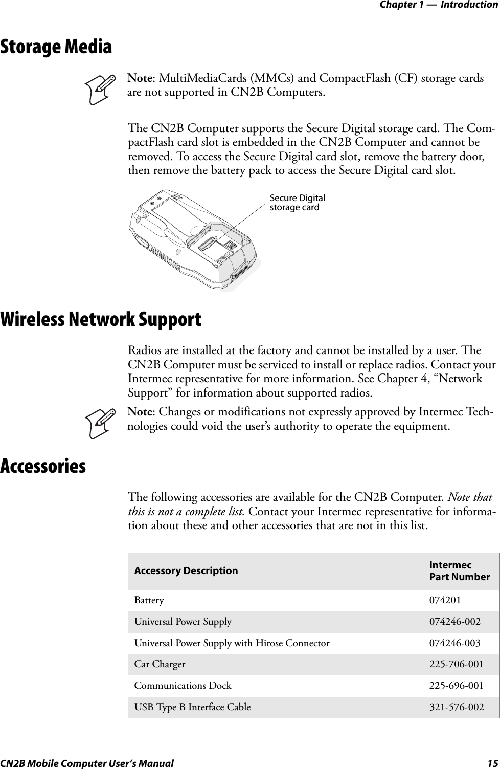 Chapter 1 —  IntroductionCN2B Mobile Computer User’s Manual 15Storage MediaThe CN2B Computer supports the Secure Digital storage card. The Com-pactFlash card slot is embedded in the CN2B Computer and cannot be removed. To access the Secure Digital card slot, remove the battery door, then remove the battery pack to access the Secure Digital card slot.Wireless Network SupportRadios are installed at the factory and cannot be installed by a user. The CN2B Computer must be serviced to install or replace radios. Contact your Intermec representative for more information. See Chapter 4, “Network Support” for information about supported radios.AccessoriesThe following accessories are available for the CN2B Computer. Note that this is not a complete list. Contact your Intermec representative for informa-tion about these and other accessories that are not in this list.Note: MultiMediaCards (MMCs) and CompactFlash (CF) storage cards are not supported in CN2B Computers.Note: Changes or modifications not expressly approved by Intermec Tech-nologies could void the user’s authority to operate the equipment.Accessory Description Intermec Part NumberBattery 074201Universal Power Supply 074246-002Universal Power Supply with Hirose Connector 074246-003Car Charger 225-706-001Communications Dock 225-696-001USB Type B Interface Cable 321-576-002Secure Digital storage card