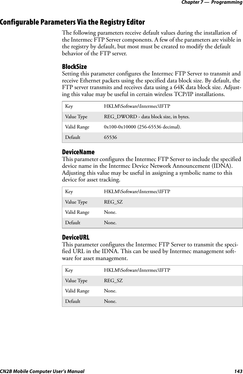 Chapter 7 —  ProgrammingCN2B Mobile Computer User’s Manual 143Configurable Parameters Via the Registry EditorThe following parameters receive default values during the installation of the Intermec FTP Server components. A few of the parameters are visible in the registry by default, but most must be created to modify the default behavior of the FTP server.BlockSizeSetting this parameter configures the Intermec FTP Server to transmit and receive Ethernet packets using the specified data block size. By default, the FTP server transmits and receives data using a 64K data block size. Adjust-ing this value may be useful in certain wireless TCP/IP installations.DeviceNameThis parameter configures the Intermec FTP Server to include the specified device name in the Intermec Device Network Announcement (IDNA). Adjusting this value may be useful in assigning a symbolic name to this device for asset tracking.DeviceURLThis parameter configures the Intermec FTP Server to transmit the speci-fied URL in the IDNA. This can be used by Intermec management soft-ware for asset management.Key HKLM\Software\Intermec\IFTPValue Type REG_DWORD - data block size, in bytes.Valid Range 0x100-0x10000 (256-65536 decimal).Default 65536Key HKLM\Software\Intermec\IFTPValue Type REG_SZValid Range None.Default None.Key HKLM\Software\Intermec\IFTPValue Type REG_SZValid Range None.Default None.