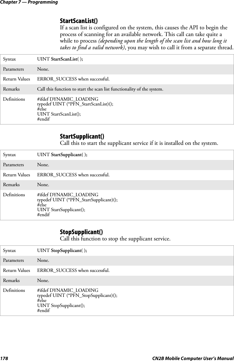 Chapter 7 — Programming178 CN2B Mobile Computer User’s ManualStartScanList()If a scan list is configured on the system, this causes the API to begin the process of scanning for an available network. This call can take quite a while to process (depending upon the length of the scan list and how long it takes to find a valid network), you may wish to call it from a separate thread.StartSupplicant()Call this to start the supplicant service if it is installed on the system.StopSupplicant()Call this function to stop the supplicant service.Syntax UINT StartScanList( );Parameters None.Return Values ERROR_SUCCESS when successful.Remarks Call this function to start the scan list functionality of the system.Definitions #ifdef DYNAMIC_LOADINGtypedef UINT (*PFN_StartScanList)();#elseUINT StartScanList();#endifSyntax UINT StartSupplicant( );Parameters None.Return Values ERROR_SUCCESS when successful.Remarks None.Definitions #ifdef DYNAMIC_LOADINGtypedef UINT (*PFN_StartSupplicant)();#elseUINT StartSupplicant();#endifSyntax UINT StopSupplicant( );Parameters None.Return Values ERROR_SUCCESS when successful.Remarks None.Definitions #ifdef DYNAMIC_LOADINGtypedef UINT (*PFN_StopSupplicant)();#elseUINT StopSupplicant();#endif