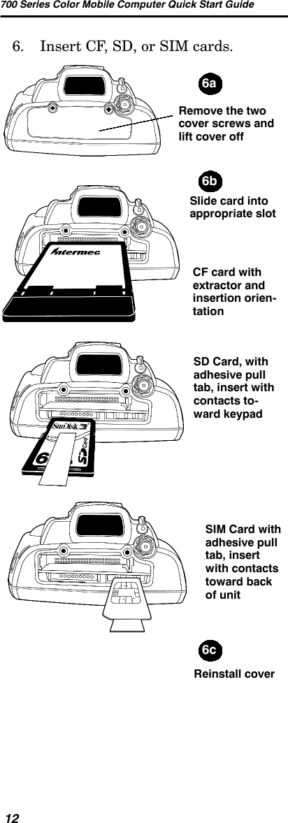 700 Series Color Mobile Computer Quick Start Guide126. Insert CF, SD, or SIM cards.Remove the twocover screws andlift cover offSlide card intoappropriate slotReinstall coverSD Card, withadhesive pulltab, insert withcontacts to-ward keypadSIM Card withadhesive pulltab, insertwith contactstoward backof unitCF card withextractor andinsertion orien-tation6a6b6c