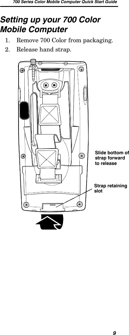 700 Series Color Mobile Computer Quick Start Guide9Setting up your 700 ColorMobile Computer1. Remove 700 Color from packaging.2. Release hand strap.Slide bottom ofstrap forwardto releaseStrap retainingslot