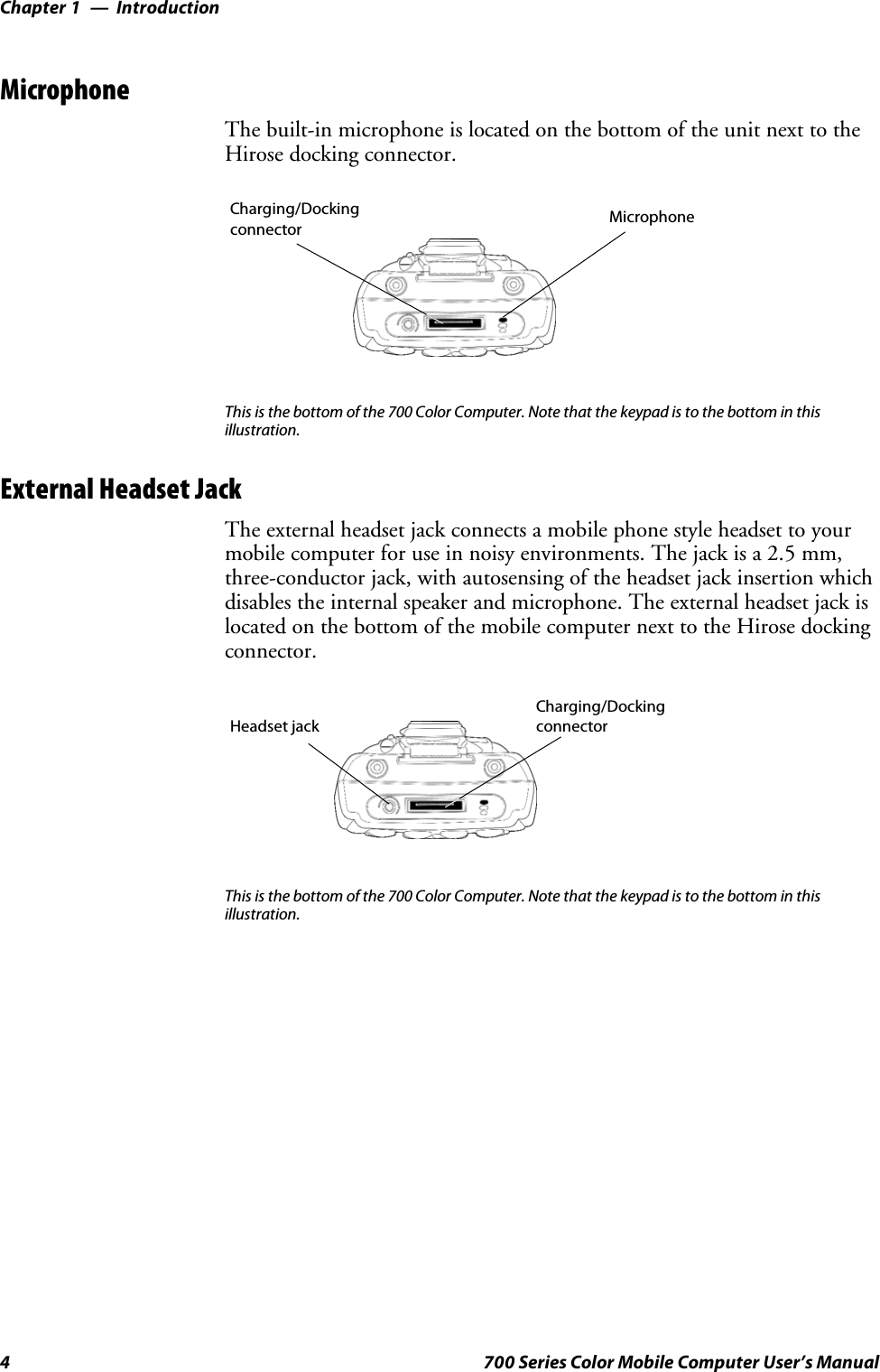 IntroductionChapter —14 700 Series Color Mobile Computer User’s ManualMicrophoneThe built-in microphone is located on the bottom of the unit next to theHirose docking connector.Charging/Dockingconnector MicrophoneThis is the bottom of the 700 Color Computer. Note that the keypad is to the bottom in thisillustration.External Headset JackThe external headset jack connects a mobile phone style headset to yourmobile computer for use in noisy environments. The jack is a 2.5 mm,three-conductor jack, with autosensing of the headset jack insertion whichdisables the internal speaker and microphone. The external headset jack islocated on the bottom of the mobile computer next to the Hirose dockingconnector.Charging/DockingconnectorHeadset jackThis is the bottom of the 700 Color Computer. Note that the keypad is to the bottom in thisillustration.