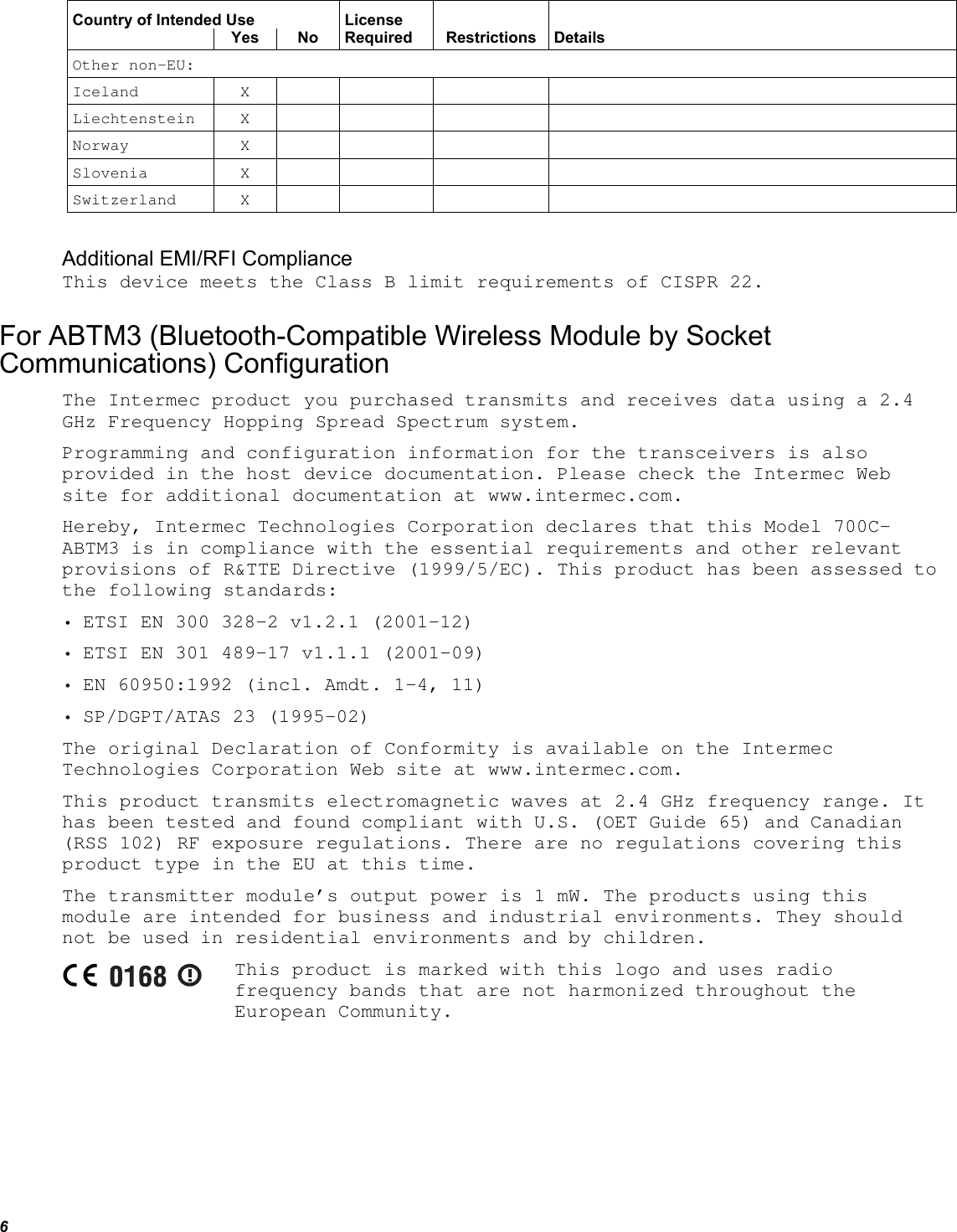 6  Country of Intended Use  License       Yes No Required Restrictions Details Other non-EU:        Iceland X      Liechtenstein X         Norway X     Slovenia X      Switzerland X              Additional EMI/RFI Compliance This device meets the Class B limit requirements of CISPR 22. For ABTM3 (Bluetooth-Compatible Wireless Module by Socket Communications) Configuration The Intermec product you purchased transmits and receives data using a 2.4 GHz Frequency Hopping Spread Spectrum system. Programming and configuration information for the transceivers is also provided in the host device documentation. Please check the Intermec Web site for additional documentation at www.intermec.com. Hereby, Intermec Technologies Corporation declares that this Model 700C-ABTM3 is in compliance with the essential requirements and other relevant provisions of R&amp;TTE Directive (1999/5/EC). This product has been assessed to the following standards: • ETSI EN 300 328-2 v1.2.1 (2001-12) • ETSI EN 301 489-17 v1.1.1 (2001-09) • EN 60950:1992 (incl. Amdt. 1-4, 11) • SP/DGPT/ATAS 23 (1995-02) The original Declaration of Conformity is available on the Intermec Technologies Corporation Web site at www.intermec.com. This product transmits electromagnetic waves at 2.4 GHz frequency range. It has been tested and found compliant with U.S. (OET Guide 65) and Canadian (RSS 102) RF exposure regulations. There are no regulations covering this product type in the EU at this time. The transmitter module’s output power is 1 mW. The products using this module are intended for business and industrial environments. They should not be used in residential environments and by children.  This product is marked with this logo and uses radio frequency bands that are not harmonized throughout the European Community.   