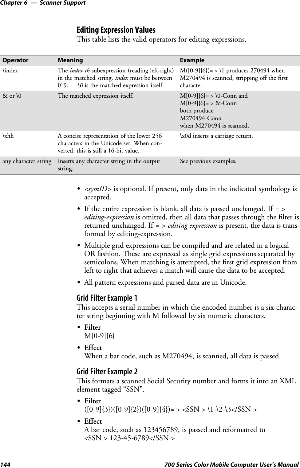 Scanner SupportChapter —6144 700 Series Color Mobile Computer User’s ManualEditing Expression ValuesThis table lists the valid operators for editing expressions.Operator Meaning Example\index The index-th subexpression (reading left-right)in the matched string. index must be between0`9. \0 is the matched expression itself.M([0-9]{6})= &gt; \1 produces 270494 whenM270494 is scanned, stripping off the firstcharacter.&amp;or\0 The matched expression itself. M[0-9]{6}= &gt; \0-Conn andM[0-9]{6}= &gt; &amp;-Connboth produceM270494-Connwhen M270494 is scanned.\xhh A concise representation of the lower 256characters in the Unicode set. When con-verted, this is still a 16-bit value.\x0d inserts a carriage return.any character string Inserts any character string in the outputstring.See previous examples.S&lt;symID&gt; is optional. If present, only data in the indicated symbology isaccepted.SIf the entire expression is blank, all data is passed unchanged. If =&gt;editing-expression is omitted, then all data that passes through the filter isreturned unchanged. If = &gt; editing expression is present, the data is trans-formed by editing-expression.SMultiple grid expressions can be compiled and are related in a logicalOR fashion. These are expressed as single grid expressions separated bysemicolons. When matching is attempted, the first grid expression fromleft to right that achieves a match will cause the data to be accepted.SAll pattern expressions and parsed data are in Unicode.Grid Filter Example 1This accepts a serial number in which the encoded number is a six-charac-ter string beginning with M followed by six numeric characters.SFilterM[0-9]{6}SEffectWhen a bar code, such as M270494, is scanned, all data is passed.Grid Filter Example 2This formats a scanned Social Security number and forms it into an XMLelement tagged “SSN”.SFilter([0-9]{3})([0-9]{2})([0-9]{4})= &gt; &lt;SSN &gt; \1-\2-\3&lt;/SSN &gt;SEffectA bar code, such as 123456789, is passed and reformatted to&lt;SSN &gt; 123-45-6789&lt;/SSN &gt;