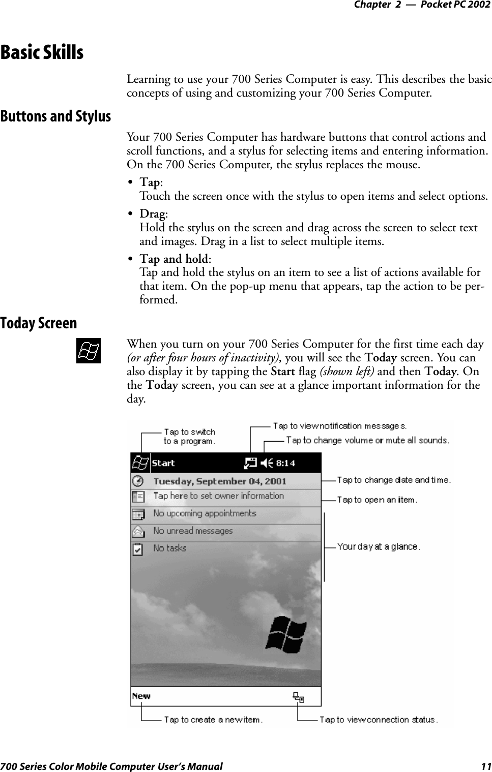 Pocket PC 2002—Chapter 211700 Series Color Mobile Computer User’s ManualBasic SkillsLearning to use your 700 Series Computer is easy. This describes the basicconcepts of using and customizing your 700 Series Computer.Buttons and StylusYour 700 Series Computer has hardware buttons that control actions andscroll functions, and a stylus for selecting items and entering information.On the 700 Series Computer, the stylus replaces the mouse.STap:Touch the screen once with the stylus to open items and select options.SDrag:Hold the stylus on the screen and drag across the screen to select textand images. Drag in a list to select multiple items.STap and hold:Tap and hold the stylus on an item to see a list of actions available forthat item. On the pop-up menu that appears, tap the action to be per-formed.Today ScreenWhen you turn on your 700 Series Computer for the first time each day(or after four hours of inactivity), you will see the Today screen. You canalso display it by tapping the Start flag (shown left) and then Today.Onthe Today screen, you can see at a glance important information for theday.