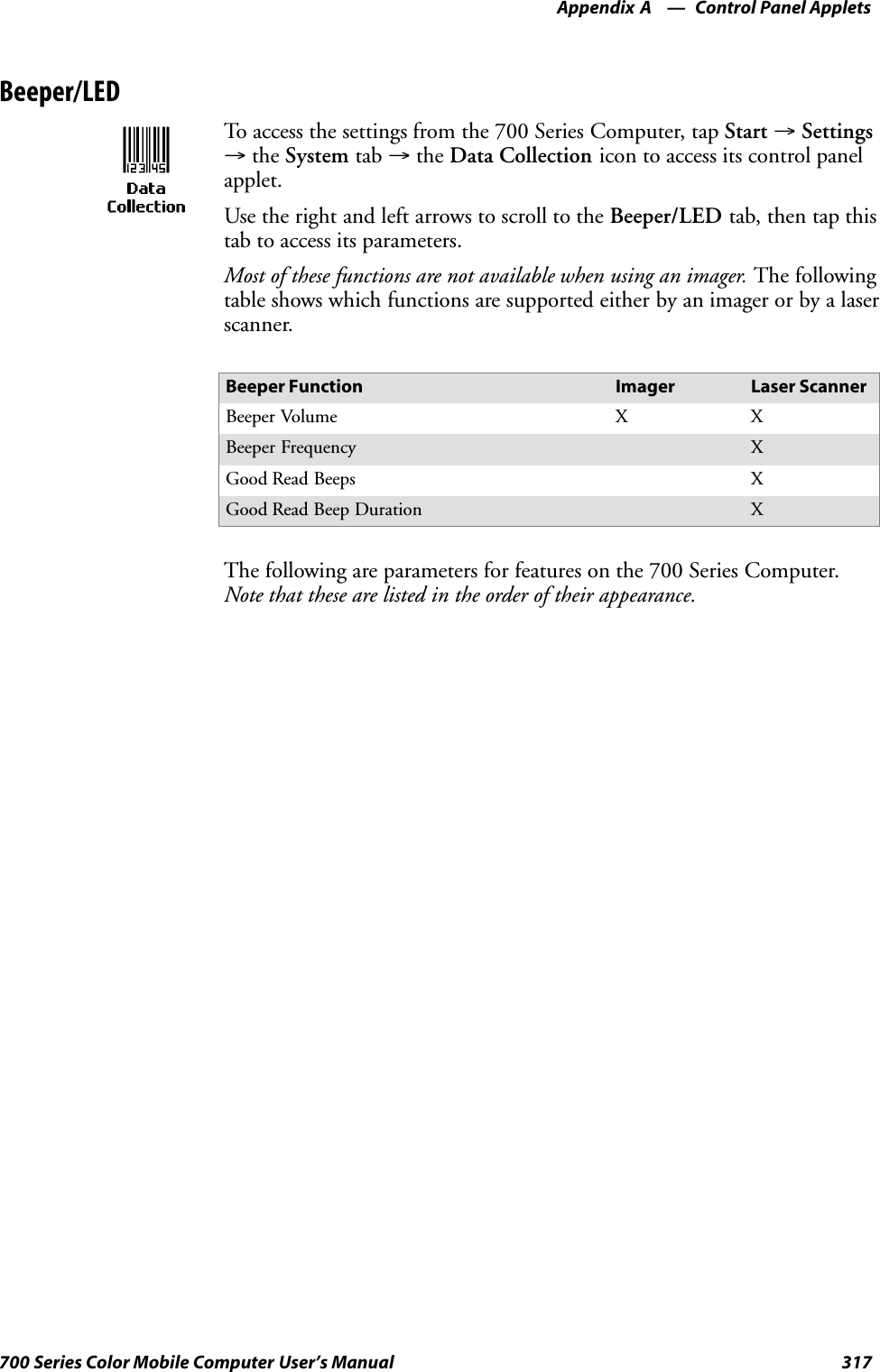 Control Panel AppletsAppendix —A317700 Series Color Mobile Computer User’s ManualBeeper/LEDTo access the settings from the 700 Series Computer, tap Start →Settings→the System tab →the Data Collection icon to access its control panelapplet.Use the right and left arrows to scroll to the Beeper/LED tab, then tap thistab to access its parameters.Most of these functions are not available when using an imager. The followingtable shows which functions are supported either by an imager or by a laserscanner.Beeper Function Imager Laser ScannerBeeper Volume XXBeeper Frequency XGood Read Beeps XGood Read Beep Duration XThe following are parameters for features on the 700 Series Computer.Note that these are listed in the order of their appearance.