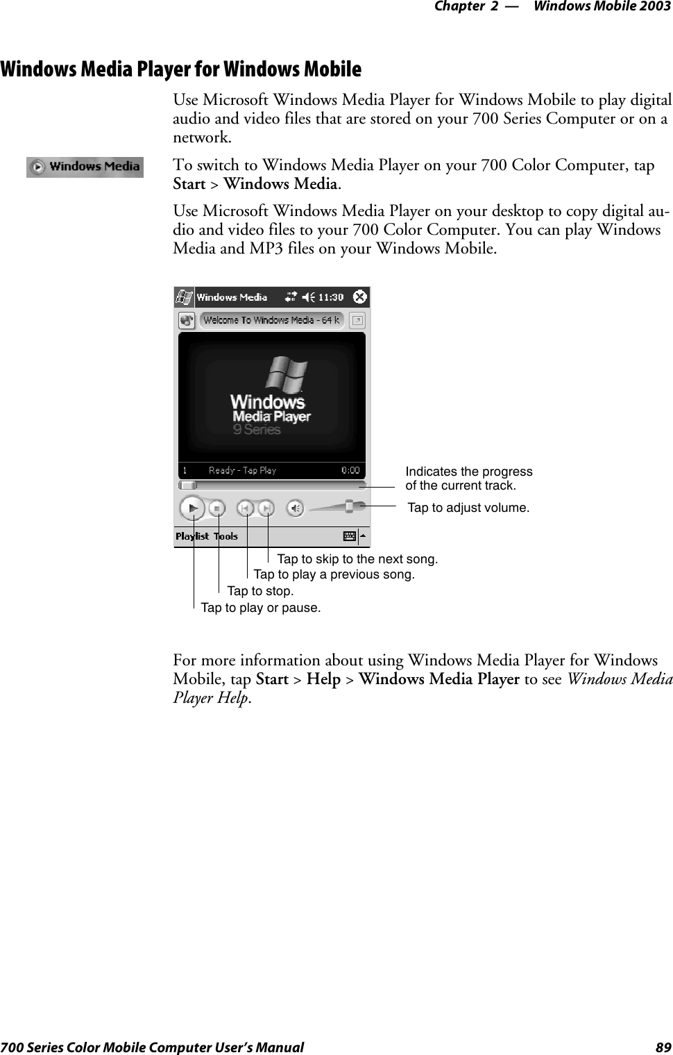 Windows Mobile 2003—Chapter 289700 Series Color Mobile Computer User’s ManualWindows Media Player for Windows MobileUse Microsoft Windows Media Player for Windows Mobile to play digitalaudio and video files that are stored on your 700 Series Computer or on anetwork.To switch to Windows Media Player on your 700 Color Computer, tapStart &gt;Windows Media.Use Microsoft Windows Media Player on your desktop to copy digital au-dio and video files to your 700 Color Computer. You can play WindowsMedia and MP3 files on your Windows Mobile.Indicates the progressof the current track.Tap to adjust volume.Tap to skip to the next song.Tap to play a previous song.Taptostop.Tap to play or pause.For more information about using Windows Media Player for WindowsMobile, tap Start &gt;Help &gt;Windows Media Player to see Windows MediaPlayer Help.