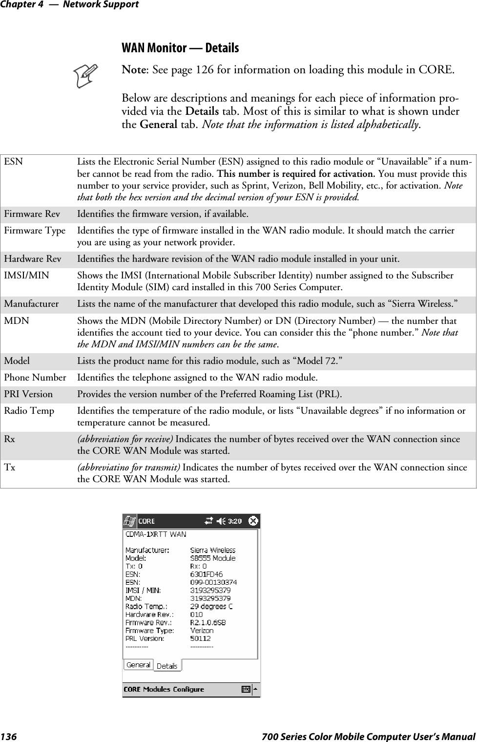 Network SupportChapter —4136 700 Series Color Mobile Computer User’s ManualWAN Monitor — DetailsNote: See page 126 for information on loading this module in CORE.Below are descriptions and meanings for each piece of information pro-vided via the Details tab. Most of this is similar to what is shown underthe General tab. Note that the information is listed alphabetically.ESN Lists the Electronic Serial Number (ESN) assigned to this radio module or “Unavailable” if a num-ber cannot be read from the radio. This number is required for activation. You must provide thisnumber to your service provider, such as Sprint, Verizon, Bell Mobility, etc., for activation. Notethat both the hex version and the decimal version of your ESN is provided.Firmware Rev Identifies the firmware version, if available.Firmware Type Identifies the type of firmware installed in the WAN radio module. It should match the carrieryou are using as your network provider.Hardware Rev Identifies the hardware revision of the WAN radio module installed in your unit.IMSI/MIN Shows the IMSI (International Mobile Subscriber Identity) number assigned to the SubscriberIdentity Module (SIM) card installed in this 700 Series Computer.Manufacturer Lists the name of the manufacturer that developed this radio module, such as “Sierra Wireless.”MDN Shows the MDN (Mobile Directory Number) or DN (Directory Number) — the number thatidentifies the account tied to your device. You can consider this the “phone number.” Note thatthe MDN and IMSI/MIN numbers can be the same.Model Lists the product name for this radio module, such as “Model 72.”Phone Number Identifies the telephone assigned to the WAN radio module.PRI Version Provides the version number of the Preferred Roaming List (PRL).Radio Temp Identifies the temperature of the radio module, or lists “Unavailable degrees” if no information ortemperaturecannotbemeasured.Rx (abbreviation for receive) Indicates the number of bytes received over the WAN connection sincethe CORE WAN Module was started.Tx (abbreviatino for transmit) Indicates the number of bytes received over the WAN connection sincethe CORE WAN Module was started.