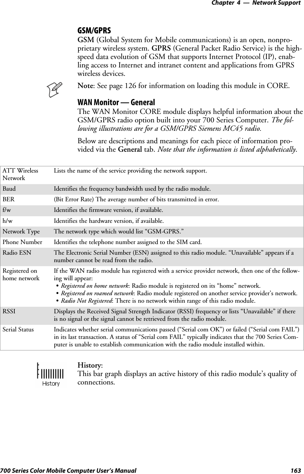 Network Support—Chapter 4163700 Series Color Mobile Computer User’s ManualGSM/GPRSGSM (Global System for Mobile communications) is an open, nonpro-prietary wireless system. GPRS (General Packet Radio Service) is the high-speed data evolution of GSM that supports Internet Protocol (IP), enab-ling access to Internet and intranet content and applications from GPRSwireless devices.Note: See page 126 for information on loading this module in CORE.WAN Monitor — GeneralThe WAN Monitor CORE module displays helpful information about theGSM/GPRS radio option built into your 700 Series Computer. The fol-lowing illustrations are for a GSM/GPRS Siemens MC45 radio.Below are descriptions and meanings for each piece of information pro-vided via the General tab. Note that the information is listed alphabetically.ATT WirelessNetworkLists the name of the service providing the network support.Baud Identifies the frequency bandwidth used by the radio module.BER (Bit Error Rate) The average number of bits transmitted in error.f/w Identifies the firmware version, if available.h/w Identifies the hardware version, if available.Network Type The network type which would list “GSM-GPRS.”Phone Number Identifies the telephone number assigned to the SIM card.Radio ESN The Electronic Serial Number (ESN) assigned to this radio module. “Unavailable” appears if anumber cannot be read from the radio.Registered onhome networkIf the WAN radio module has registered with a service provider network, then one of the follow-ing will appear:SRegistered on home network: Radio module is registered on its “home” network.SRegistered on roamed network: Radio module registered on another service provider’s network.SRadio Not Registered: There is no network within range of this radio module.RSSI Displays the Received Signal Strength Indicator (RSSI) frequency or lists “Unavailable” if thereis no signal or the signal cannot be retrieved from the radio module.Serial Status Indicates whether serial communications passed (“Serial com OK”) or failed (“Serial com FAIL”)in its last transaction. A status of “Serial com FAIL” typically indicates that the 700 Series Com-puter is unable to establish communication with the radio module installed within.History:This bar graph displays an active history of this radio module’s quality ofconnections.