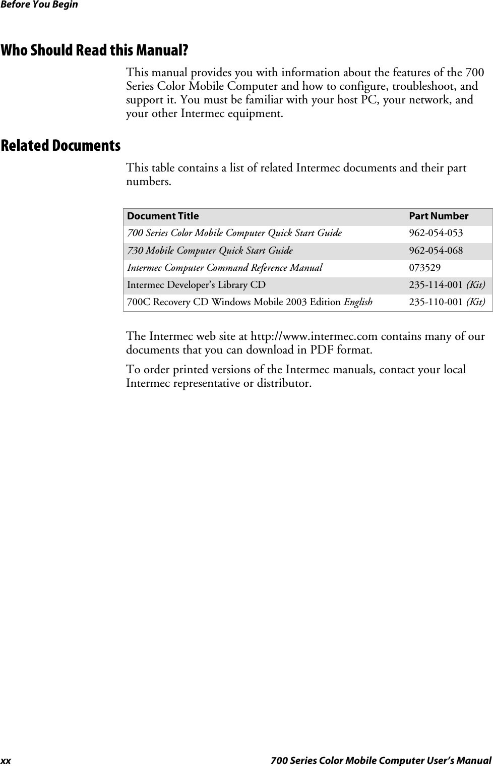 Before You Beginxx 700 Series Color Mobile Computer User’s ManualWho Should Read this Manual?This manual provides you with information about the features of the 700Series Color Mobile Computer and how to configure, troubleshoot, andsupport it. You must be familiar with your host PC, your network, andyour other Intermec equipment.Related DocumentsThis table contains a list of related Intermec documents and their partnumbers.Document Title Part Number700 Series Color Mobile Computer Quick Start Guide 962-054-053730 Mobile Computer Quick Start Guide 962-054-068Intermec Computer Command Reference Manual 073529Intermec Developer’s Library CD 235-114-001 (Kit)700C Recovery CD Windows Mobile 2003 Edition English 235-110-001 (Kit)The Intermec web site at http://www.intermec.com contains many of ourdocuments that you can download in PDF format.To order printed versions of the Intermec manuals, contact your localIntermec representative or distributor.