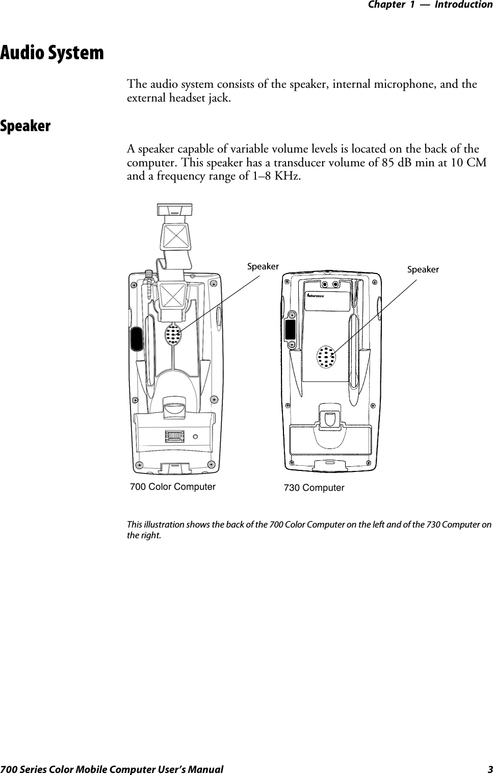 Introduction—Chapter 13700 Series Color Mobile Computer User’s ManualAudio SystemThe audio system consists of the speaker, internal microphone, and theexternal headset jack.SpeakerA speaker capable of variable volume levels is located on the back of thecomputer. This speaker has a transducer volume of 85 dB min at 10 CMand a frequency range of 1–8 KHz.Speaker Speaker700 Color Computer 730 ComputerThis illustration shows the back of the 700 Color Computer on the left and of the 730 Computer onthe right.