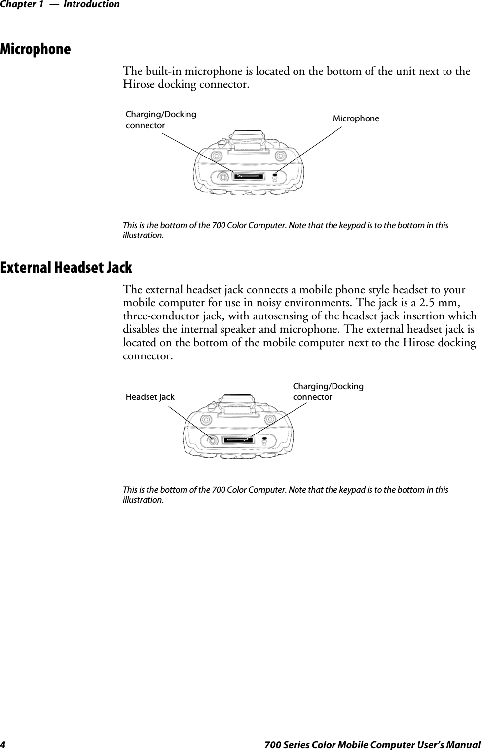 IntroductionChapter —14 700 Series Color Mobile Computer User’s ManualMicrophoneThe built-in microphone is located on the bottom of the unit next to theHirose docking connector.Charging/Dockingconnector MicrophoneThis is the bottom of the 700 Color Computer. Note that the keypad is to the bottom in thisillustration.External Headset JackThe external headset jack connects a mobile phone style headset to yourmobile computer for use in noisy environments. The jack is a 2.5 mm,three-conductor jack, with autosensing of the headset jack insertion whichdisables the internal speaker and microphone. The external headset jack islocated on the bottom of the mobile computer next to the Hirose dockingconnector.Charging/DockingconnectorHeadset jackThis is the bottom of the 700 Color Computer. Note that the keypad is to the bottom in thisillustration.