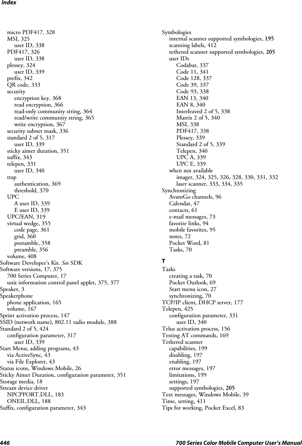 Index446 700 Series Color Mobile Computer User’s Manualmicro PDF417, 328MSI, 325user ID, 338PDF417, 326user ID, 338plessey, 324user ID, 339prefix, 342QR code, 333securityencryption key, 368read encryption, 366read-only community string, 364read/write community string, 365write encryption, 367security subnet mask, 336standard 2 of 5, 317user ID, 339sticky aimer duration, 351suffix, 343telepen, 331user ID, 340trapauthentication, 369threshold, 370UPCA user ID, 339E user ID, 339UPC/EAN, 319virtual wedge, 355code page, 361grid, 360postamble, 358preamble, 356volume, 408Software Developer’s Kit. See SDKSoftware versions, 17, 375700 Series Computer, 17unit information control panel applet, 375, 377Speaker, 3Speakerphonephone application, 165volume, 167Sprint activation process, 147SSID (network name), 802.11 radio module, 388Standard 2 of 5, 424configuration parameter, 317user ID, 339Start Menu, adding programs, 43via ActiveSync, 43via File Explorer, 43Status icons, Windows Mobile, 26Sticky Aimer Duration, configuration parameter, 351Storage media, 18Stream device driverNPCPPORT.DLL, 183ONEIL.DLL, 188Suffix, configuration parameter, 343Symbologiesinternal scanner supported symbologies, 195scanning labels, 412tethered scanner supported symbologies, 205user IDsCodabar, 337Code 11, 341Code 128, 337Code 39, 337Code 93, 338EAN 13, 340EAN 8, 340Interleaved 2 of 5, 338Matrix 2 of 5, 340MSI, 338PDF417, 338Plessey, 339Standard 2 of 5, 339Telepen, 340UPC A, 339UPC E, 339when not availableimager, 324, 325, 326, 328, 330, 331, 332laser scanner, 333, 334, 335SynchronizingAvantGo channels, 96Calendar, 47contacts, 61e-mail messages, 73favorite links, 94mobile favorites, 95notes, 72Pocket Word, 81Tasks, 70TTaskscreating a task, 70Pocket Outlook, 69Start menu icon, 27synchronizing, 70TCP/IP client, DHCP server, 177Telepen, 425configuration parameter, 331user ID, 340Telus activation process, 156Testing AT commands, 169Tethered scannercapabilities, 199disabling, 197enabling, 197error messages, 197limitations, 199settings, 197supported symbologies, 205Text messages, Windows Mobile, 39Time, setting, 411Tips for working, Pocket Excel, 83