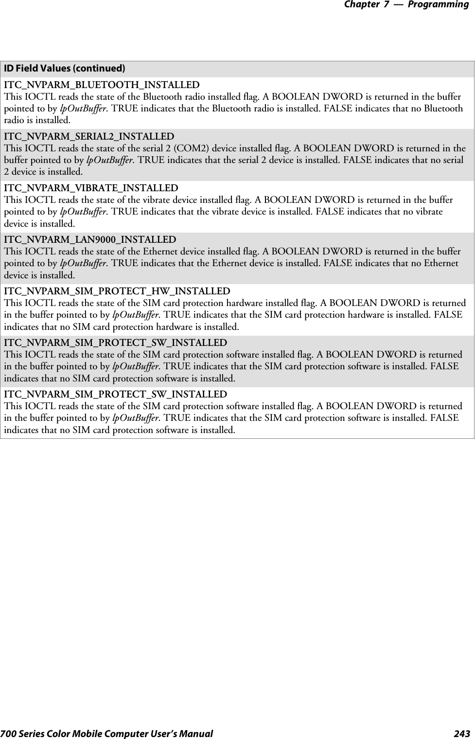 Programming—Chapter 7243700 Series Color Mobile Computer User’s ManualID Field Values (continued)ITC_NVPARM_BLUETOOTH_INSTALLEDThis IOCTL reads the state of the Bluetooth radio installed flag. A BOOLEAN DWORD is returned in the bufferpointed to by lpOutBuffer. TRUE indicates that the Bluetooth radio is installed. FALSE indicates that no Bluetoothradio is installed.ITC_NVPARM_SERIAL2_INSTALLEDThis IOCTL reads the state of the serial 2 (COM2) device installed flag. A BOOLEAN DWORD is returned in thebuffer pointed to by lpOutBuffer. TRUE indicates that the serial 2 device is installed. FALSE indicates that no serial2 device is installed.ITC_NVPARM_VIBRATE_INSTALLEDThis IOCTL reads the state of the vibrate device installed flag. A BOOLEAN DWORD is returned in the bufferpointed to by lpOutBuffer. TRUE indicates that the vibrate device is installed. FALSE indicates that no vibratedevice is installed.ITC_NVPARM_LAN9000_INSTALLEDThis IOCTL reads the state of the Ethernet device installed flag. A BOOLEAN DWORD is returned in the bufferpointed to by lpOutBuffer. TRUE indicates that the Ethernet device is installed. FALSE indicates that no Ethernetdevice is installed.ITC_NVPARM_SIM_PROTECT_HW_INSTALLEDThis IOCTL reads the state of the SIM card protection hardware installed flag. A BOOLEAN DWORD is returnedin the buffer pointed to by lpOutBuffer. TRUE indicates that the SIM card protection hardware is installed. FALSEindicates that no SIM card protection hardware is installed.ITC_NVPARM_SIM_PROTECT_SW_INSTALLEDThis IOCTL reads the state of the SIM card protection software installed flag. A BOOLEAN DWORD is returnedin the buffer pointed to by lpOutBuffer. TRUE indicates that the SIM card protection software is installed. FALSEindicates that no SIM card protection software is installed.ITC_NVPARM_SIM_PROTECT_SW_INSTALLEDThis IOCTL reads the state of the SIM card protection software installed flag. A BOOLEAN DWORD is returnedin the buffer pointed to by lpOutBuffer. TRUE indicates that the SIM card protection software is installed. FALSEindicates that no SIM card protection software is installed.