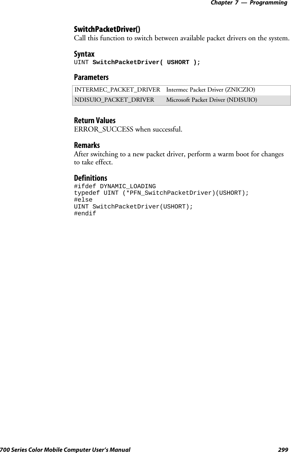 Programming—Chapter 7299700 Series Color Mobile Computer User’s ManualSwitchPacketDriver()Call this function to switch between available packet drivers on the system.SyntaxUINT SwitchPacketDriver( USHORT );ParametersINTERMEC_PACKET_DRIVER Intermec Packet Driver (ZNICZIO)NDISUIO_PACKET_DRIVER Microsoft Packet Driver (NDISUIO)Return ValuesERROR_SUCCESS when successful.RemarksAfter switching to a new packet driver, perform a warm boot for changesto take effect.Definitions#ifdef DYNAMIC_LOADINGtypedef UINT (*PFN_SwitchPacketDriver)(USHORT);#elseUINT SwitchPacketDriver(USHORT);#endif