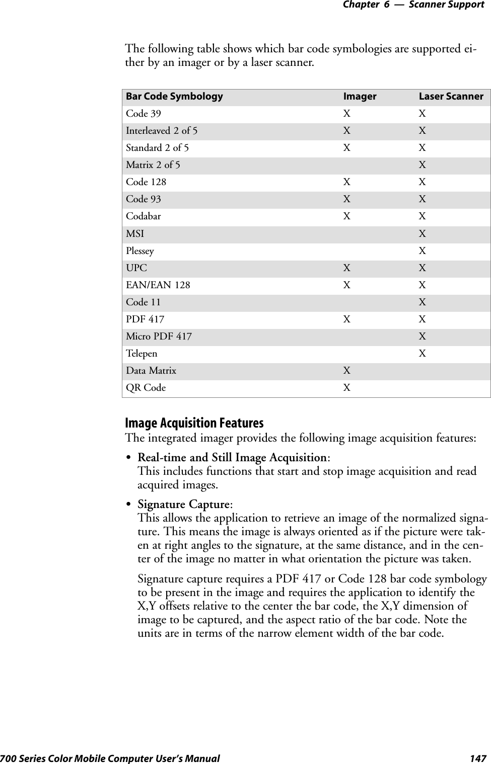 6 Scanner Support—Chapter147700 Series Color Mobile Computer User’s ManualThe following table shows which bar code symbologies are supported ei-ther by an imager or by a laser scanner.Bar Code Symbology Imager Laser ScannerCode 39 XXInterleaved 2 of 5 X XStandard 2 of 5 XXMatrix 2 of 5 XCode 128 XXCode 93 X XCodabar XXMSI XPlessey XUPC X XEAN/EAN 128 XXCode 11 XPDF 417 XXMicro PDF 417 XTelepen XData Matrix XQR Code XImage Acquisition FeaturesThe integrated imager provides the following image acquisition features:SReal-time and Still Image Acquisition:This includes functions that start and stop image acquisition and readacquired images.SSignature Capture:This allows the application to retrieve an image of the normalized signa-ture. This means the image is always oriented as if the picture were tak-en at right angles to the signature, at the same distance, and in the cen-ter of the image no matter in what orientation the picture was taken.Signature capture requires a PDF 417 or Code 128 bar code symbologyto be present in the image and requires the application to identify theX,Y offsets relative to the center the bar code, the X,Y dimension ofimage to be captured, and the aspect ratio of the bar code. Note theunits are in terms of the narrow element width of the bar code.