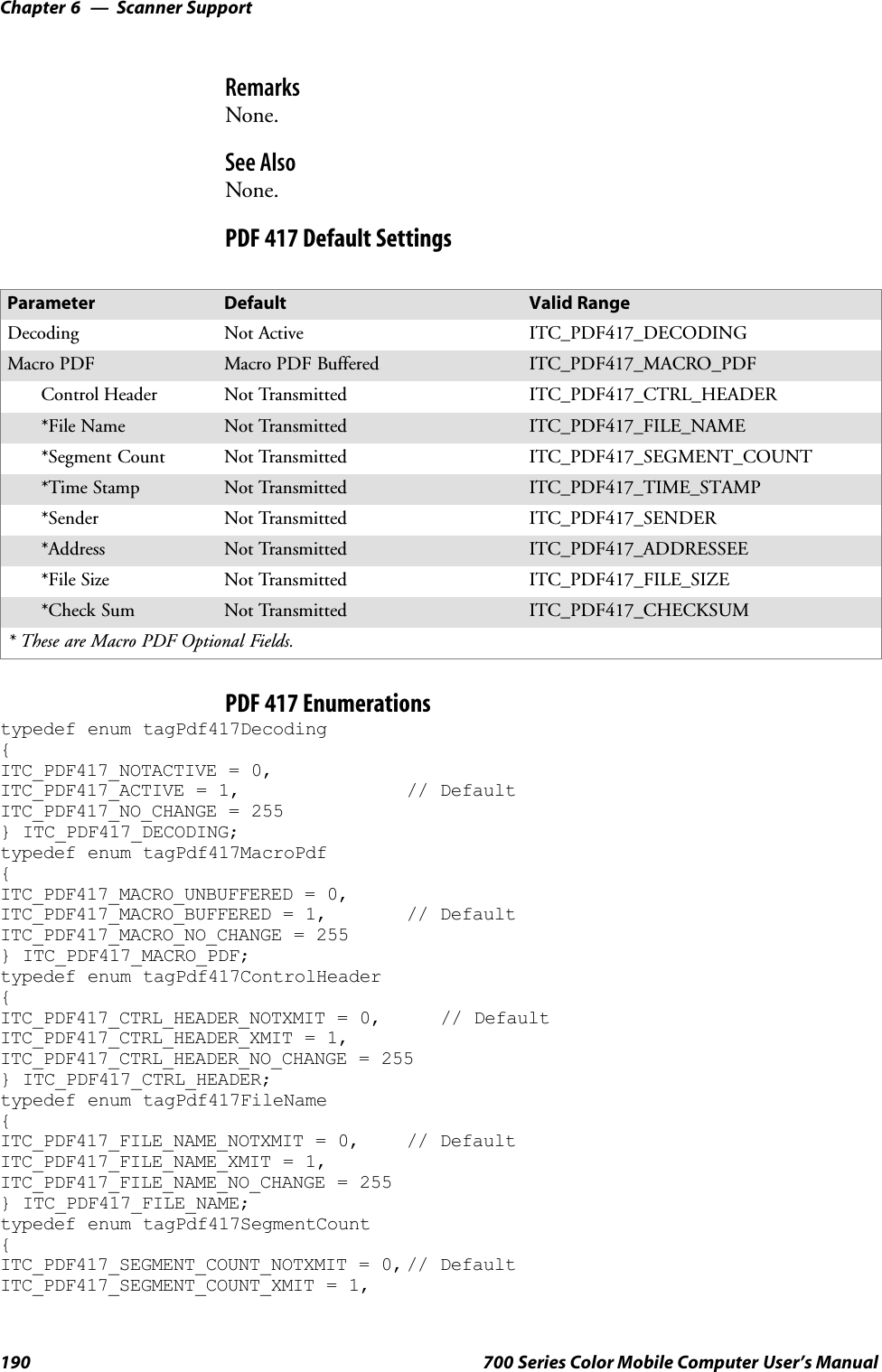 Scanner SupportChapter —6190 700 Series Color Mobile Computer User’s ManualRemarksNone.See AlsoNone.PDF 417 Default SettingsParameter Default Valid RangeDecoding Not Active ITC_PDF417_DECODINGMacro PDF Macro PDF Buffered ITC_PDF417_MACRO_PDFControl Header Not Transmitted ITC_PDF417_CTRL_HEADER*File Name Not Transmitted ITC_PDF417_FILE_NAME*Segment Count Not Transmitted ITC_PDF417_SEGMENT_COUNT*Time Stamp Not Transmitted ITC_PDF417_TIME_STAMP*Sender Not Transmitted ITC_PDF417_SENDER*Address Not Transmitted ITC_PDF417_ADDRESSEE*File Size Not Transmitted ITC_PDF417_FILE_SIZE*Check Sum Not Transmitted ITC_PDF417_CHECKSUM* These are Macro PDF Optional Fields.PDF 417 Enumerationstypedef enum tagPdf417Decoding{ITC_PDF417_NOTACTIVE = 0,ITC_PDF417_ACTIVE = 1, // DefaultITC_PDF417_NO_CHANGE = 255} ITC_PDF417_DECODING;typedef enum tagPdf417MacroPdf{ITC_PDF417_MACRO_UNBUFFERED = 0,ITC_PDF417_MACRO_BUFFERED = 1, // DefaultITC_PDF417_MACRO_NO_CHANGE = 255} ITC_PDF417_MACRO_PDF;typedef enum tagPdf417ControlHeader{ITC_PDF417_CTRL_HEADER_NOTXMIT = 0, // DefaultITC_PDF417_CTRL_HEADER_XMIT = 1,ITC_PDF417_CTRL_HEADER_NO_CHANGE = 255} ITC_PDF417_CTRL_HEADER;typedef enum tagPdf417FileName{ITC_PDF417_FILE_NAME_NOTXMIT = 0, // DefaultITC_PDF417_FILE_NAME_XMIT = 1,ITC_PDF417_FILE_NAME_NO_CHANGE = 255} ITC_PDF417_FILE_NAME;typedef enum tagPdf417SegmentCount{ITC_PDF417_SEGMENT_COUNT_NOTXMIT = 0, // DefaultITC_PDF417_SEGMENT_COUNT_XMIT = 1,