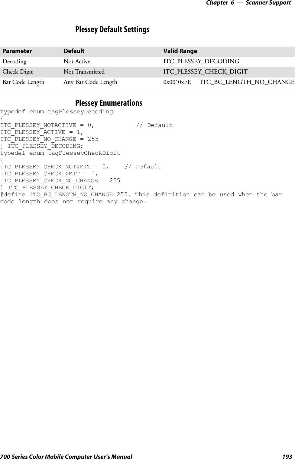 6 Scanner Support—Chapter193700 Series Color Mobile Computer User’s ManualPlessey Default SettingsParameter Default Valid RangeDecoding Not Active ITC_PLESSEY_DECODINGCheck Digit Not Transmitted ITC_PLESSEY_CHECK_DIGITBar Code Length Any Bar Code Length 0x00`0xFE ITC_BC_LENGTH_NO_CHANGEPlessey Enumerationstypedef enum tagPlesseyDecoding{ITC_PLESSEY_NOTACTIVE = 0, // DefaultITC_PLESSEY_ACTIVE = 1,ITC_PLESSEY_NO_CHANGE = 255} ITC_PLESSEY_DECODING;typedef enum tagPlesseyCheckDigit{ITC_PLESSEY_CHECK_NOTXMIT = 0, // DefaultITC_PLESSEY_CHECK_XMIT = 1,ITC_PLESSEY_CHECK_NO_CHANGE = 255} ITC_PLESSEY_CHECK_DIGIT;#define ITC_BC_LENGTH_NO_CHANGE 255. This definition can be used when the barcode length does not require any change.