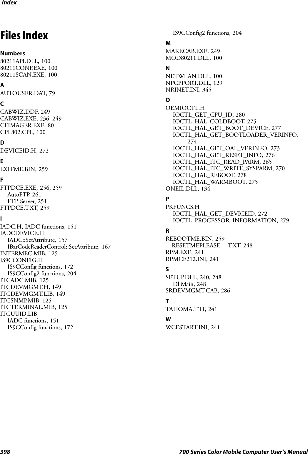 Index398 700 Series Color Mobile Computer User’s ManualFiles IndexNumbers80211API.DLL, 10080211CONF.EXE, 10080211SCAN.EXE, 100AAUTOUSER.DAT, 79CCABWIZ.DDF, 249CABWIZ.EXE, 236, 249CEIMAGER.EXE, 80CPL802.CPL, 100DDEVICEID.H, 272EEXITME.BIN, 259FFTPDCE.EXE, 256, 259AutoFTP, 261FTP Server, 251FTPDCE.TXT, 259IIADC.H, IADC functions, 151IADCDEVICE.HIADC::SetAttribute, 157IBarCodeReaderControl::SetAttribute, 167INTERMEC.MIB, 125IS9CCONFIG.HIS9CConfig functions, 172IS9CConfig2 functions, 204ITCADC.MIB, 125ITCDEVMGMT.H, 149ITCDEVMGMT.LIB, 149ITCSNMP.MIB, 125ITCTERMINAL.MIB, 125ITCUUID.LIBIADC functions, 151IS9CConfig functions, 172IS9CConfig2 functions, 204MMAKECAB.EXE, 249MOD80211.DLL, 100NNETWLAN.DLL, 100NPCPPORT.DLL, 129NRINET.INI, 345OOEMIOCTL.HIOCTL_GET_CPU_ID, 280IOCTL_HAL_COLDBOOT, 275IOCTL_HAL_GET_BOOT_DEVICE, 277IOCTL_HAL_GET_BOOTLOADER_VERINFO,274IOCTL_HAL_GET_OAL_VERINFO, 273IOCTL_HAL_GET_RESET_INFO, 276IOCTL_HAL_ITC_READ_PARM, 265IOCTL_HAL_ITC_WRITE_SYSPARM, 270IOCTL_HAL_REBOOT, 278IOCTL_HAL_WARMBOOT, 275ONEIL.DLL, 134PPKFUNCS.HIOCTL_HAL_GET_DEVICEID, 272IOCTL_PROCESSOR_INFORMATION, 279RREBOOTME.BIN, 259__RESETMEPLEASE__.T XT, 248RPM.EXE, 241RPMCE212.INI, 241SSETUP.DLL, 240, 248DllMain, 248SRDEVMGMT.CAB, 286TTAHOMA.TTF, 241WWCESTART.INI, 241