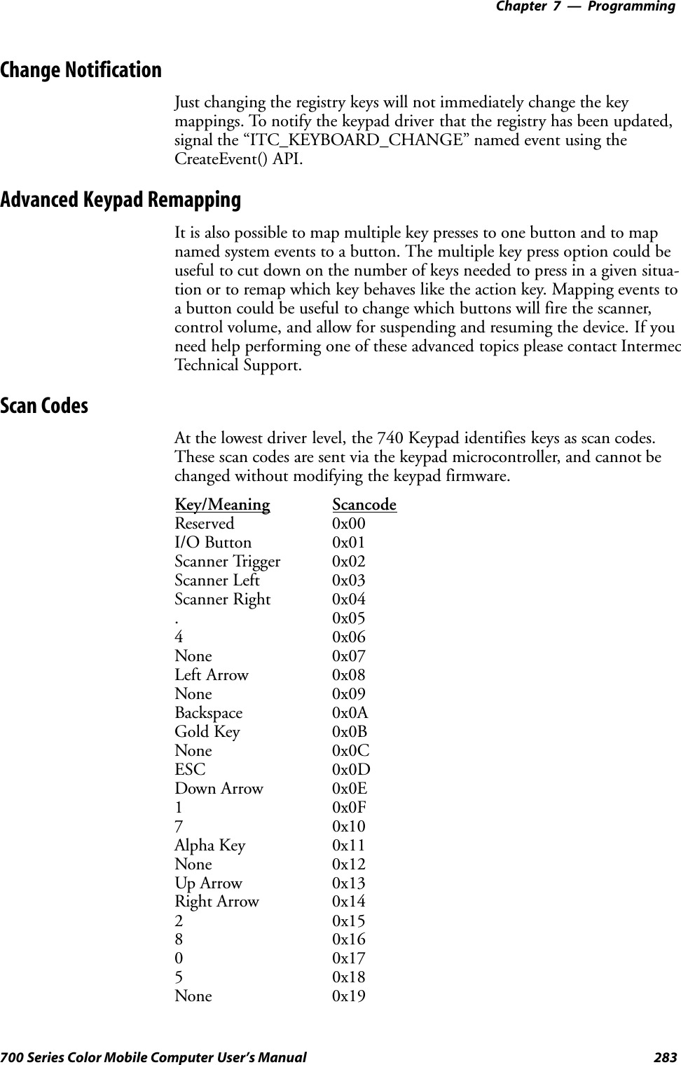 Programming—Chapter 7283700 Series Color Mobile Computer User’s ManualChange NotificationJust changing the registry keys will not immediately change the keymappings. To notify the keypad driver that the registry has been updated,signal the “ITC_KEYBOARD_CHANGE” named event using theCreateEvent() API.Advanced Keypad RemappingIt is also possible to map multiple key presses to one button and to mapnamed system events to a button. The multiple key press option could beuseful to cut down on the number of keys needed to press in a given situa-tion or to remap which key behaves like the action key. Mapping events toa button could be useful to change which buttons will fire the scanner,control volume, and allow for suspending and resuming the device. If youneed help performing one of these advanced topics please contact IntermecTechnical Support.Scan CodesAt the lowest driver level, the 740 Keypad identifies keys as scan codes.These scan codes are sent via the keypad microcontroller, and cannot bechanged without modifying the keypad firmware.Key/Meaning ScancodeReserved 0x00I/O Button 0x01Scanner Trigger 0x02Scanner Left 0x03Scanner Right 0x04.0x0540x06None 0x07Left Arrow 0x08None 0x09Backspace 0x0AGold Key 0x0BNone 0x0CESC 0x0DDown Arrow 0x0E10x0F70x10Alpha Key 0x11None 0x12Up Arrow 0x13Right Arrow 0x1420x1580x1600x1750x18None 0x19